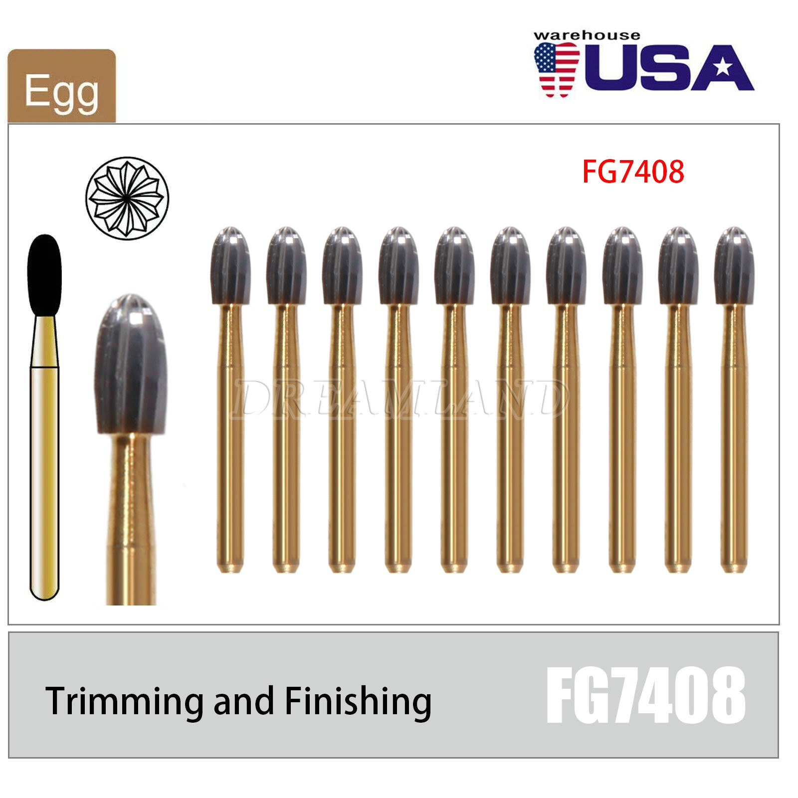 NEW Dental Trimming & Finishing Football Carbide Burs #7408 T&F 12 Bladed 10Pcs