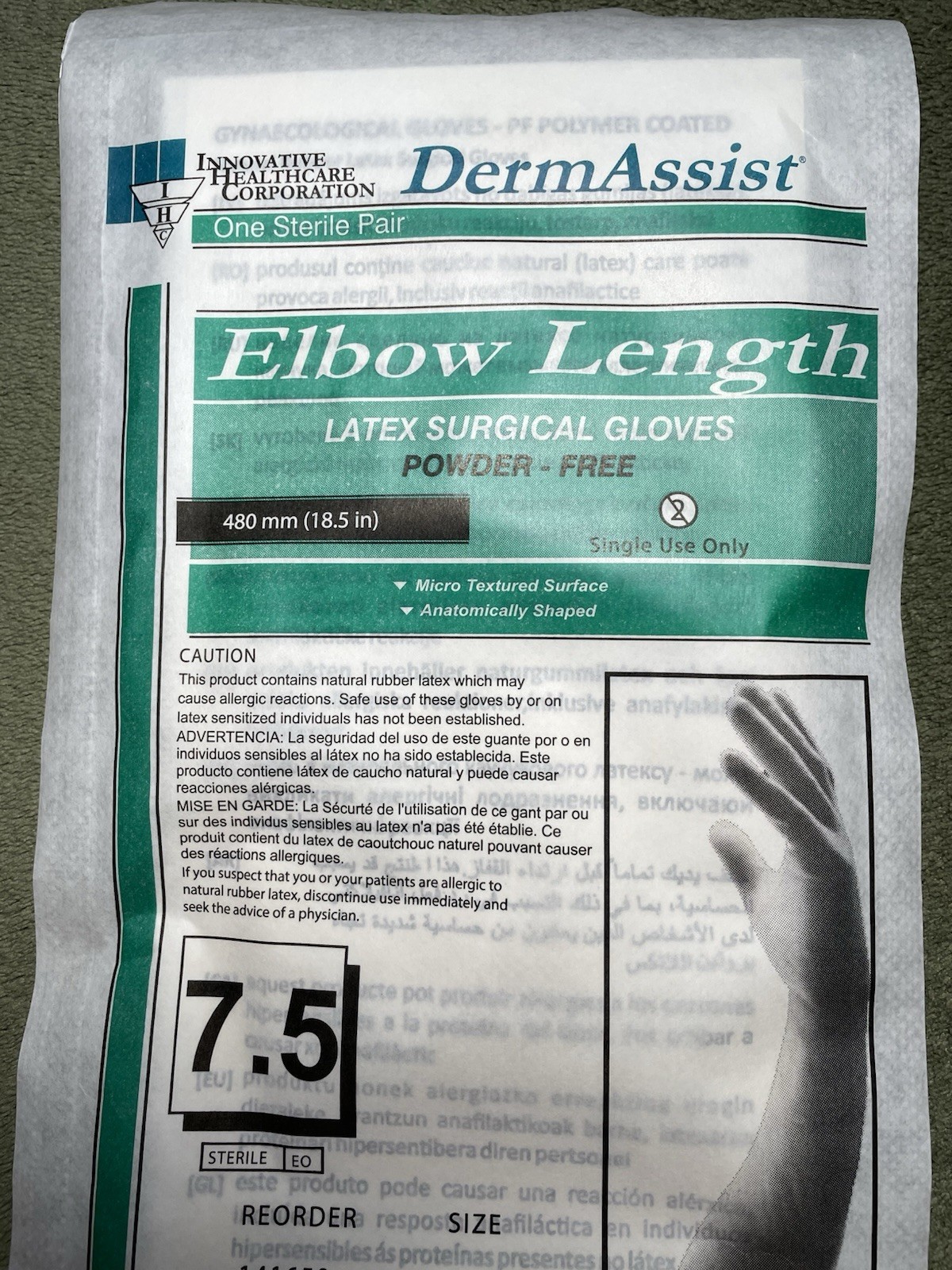 DermAssist Elbow Length Latex Surgical Gloves, 5 Pairs, Size 7.5