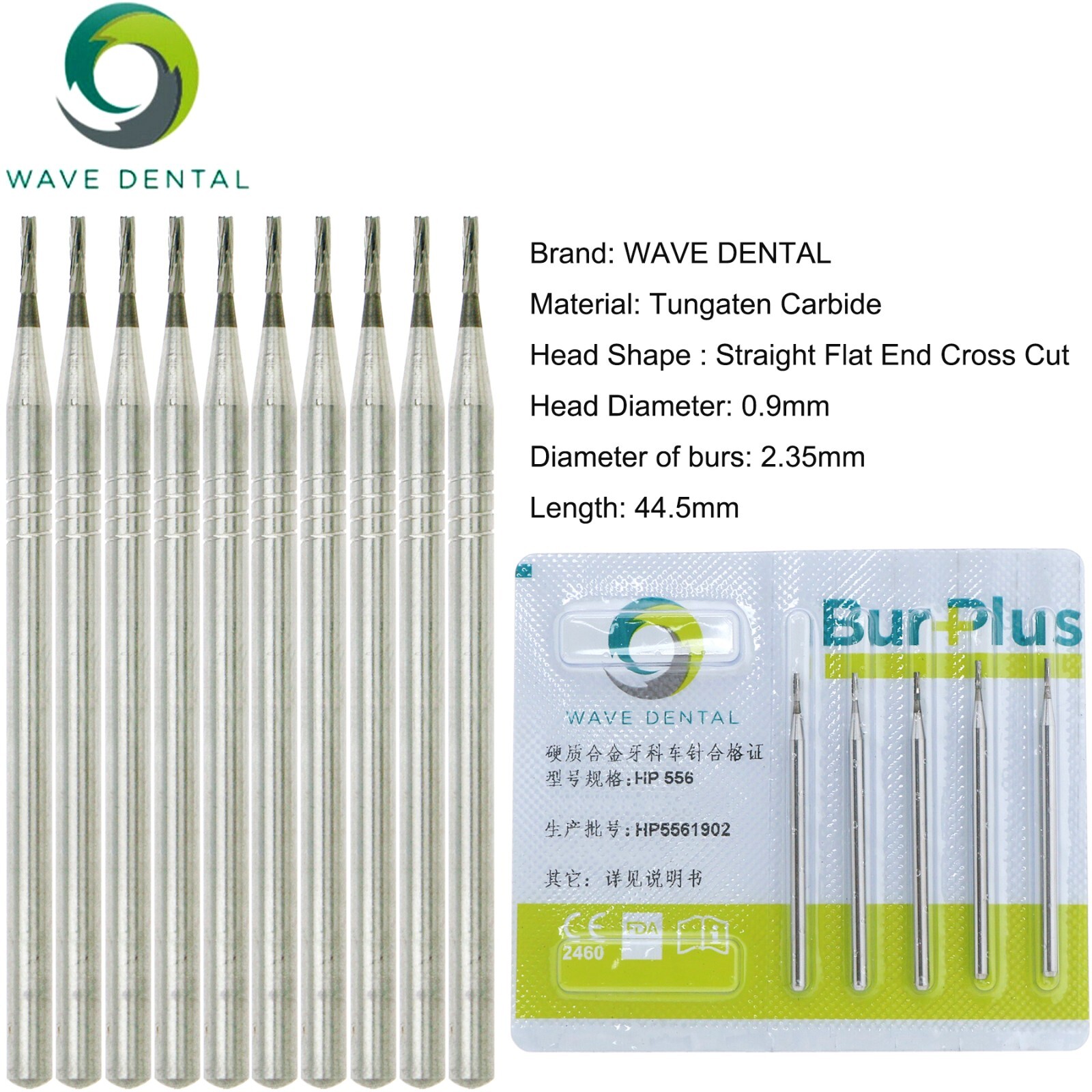 US 10 Pcs WAVE Dental Tungsten Carbide Bur Straight Fissure HP 555 – 563 Prima