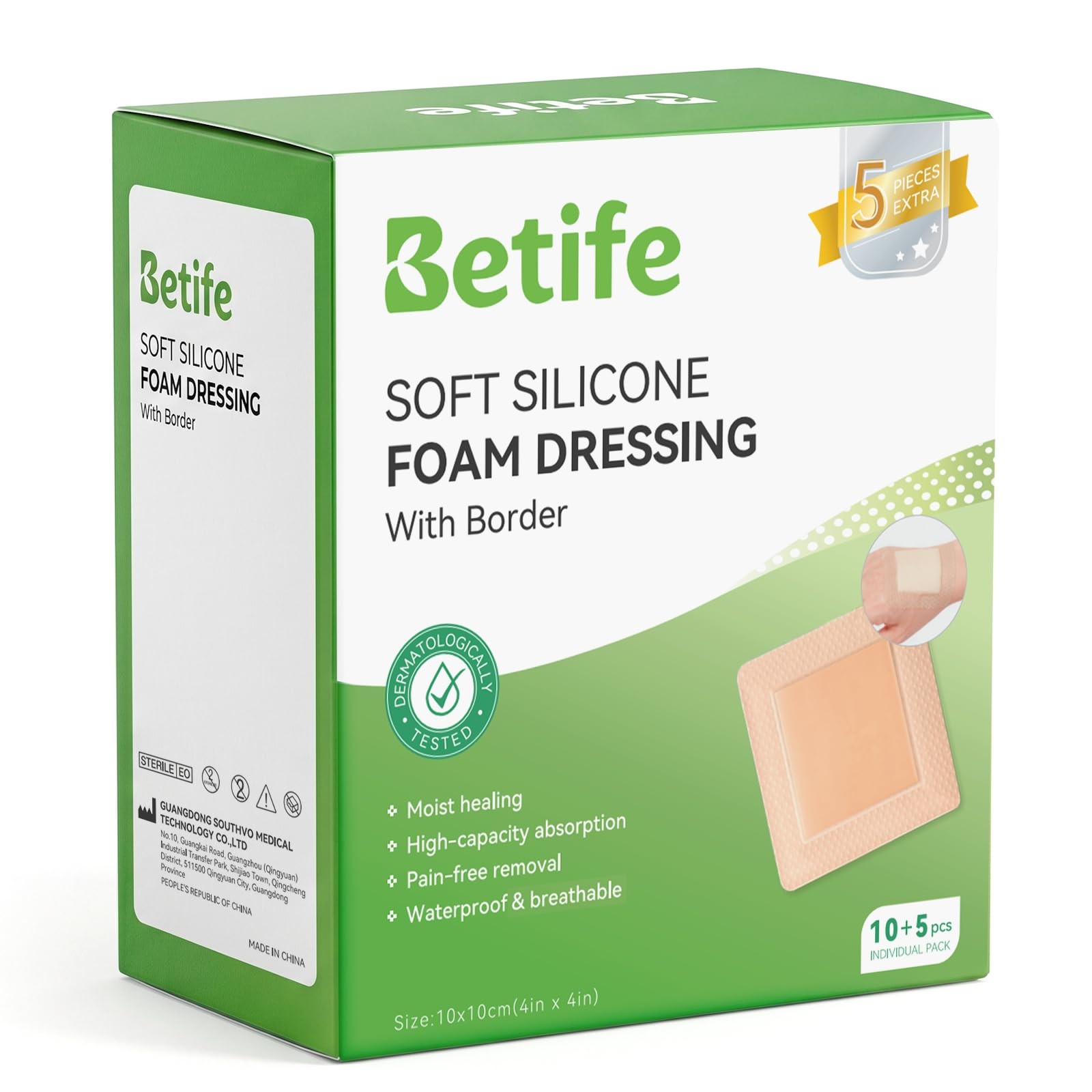 Betife Silicone Foam Dressing Adhesive Border 4×4 15ct Waterproof Wound Pad