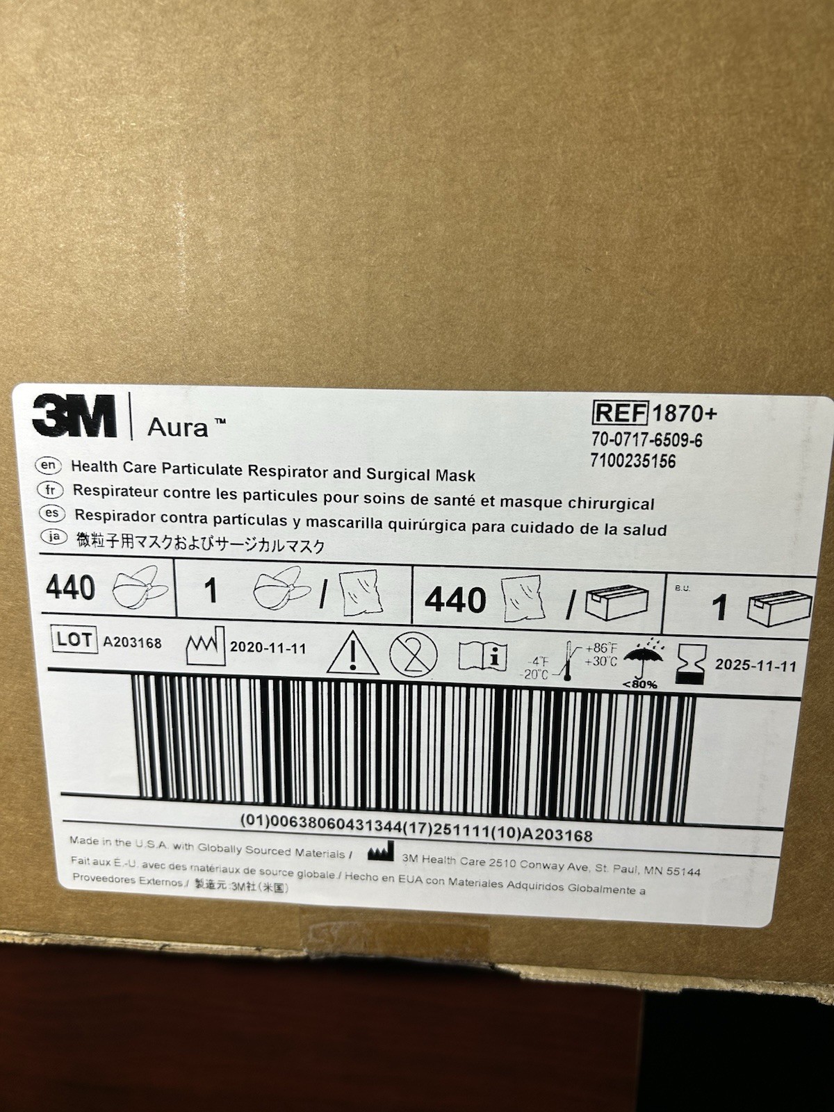 Case 3M Aura 1870+ N95 Face Mask Particulate Respirators: 11 Cents Ea NIOSH Pack