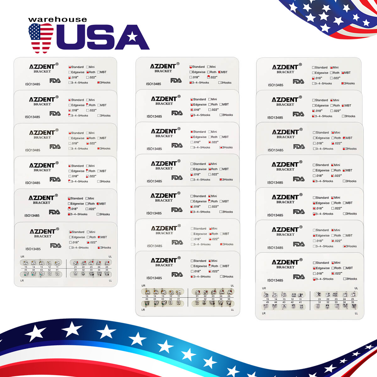 AZDENT Dental Orthodontic Brackets Mini/Standard MBT/Roth 022/018 Hooks 345 USA