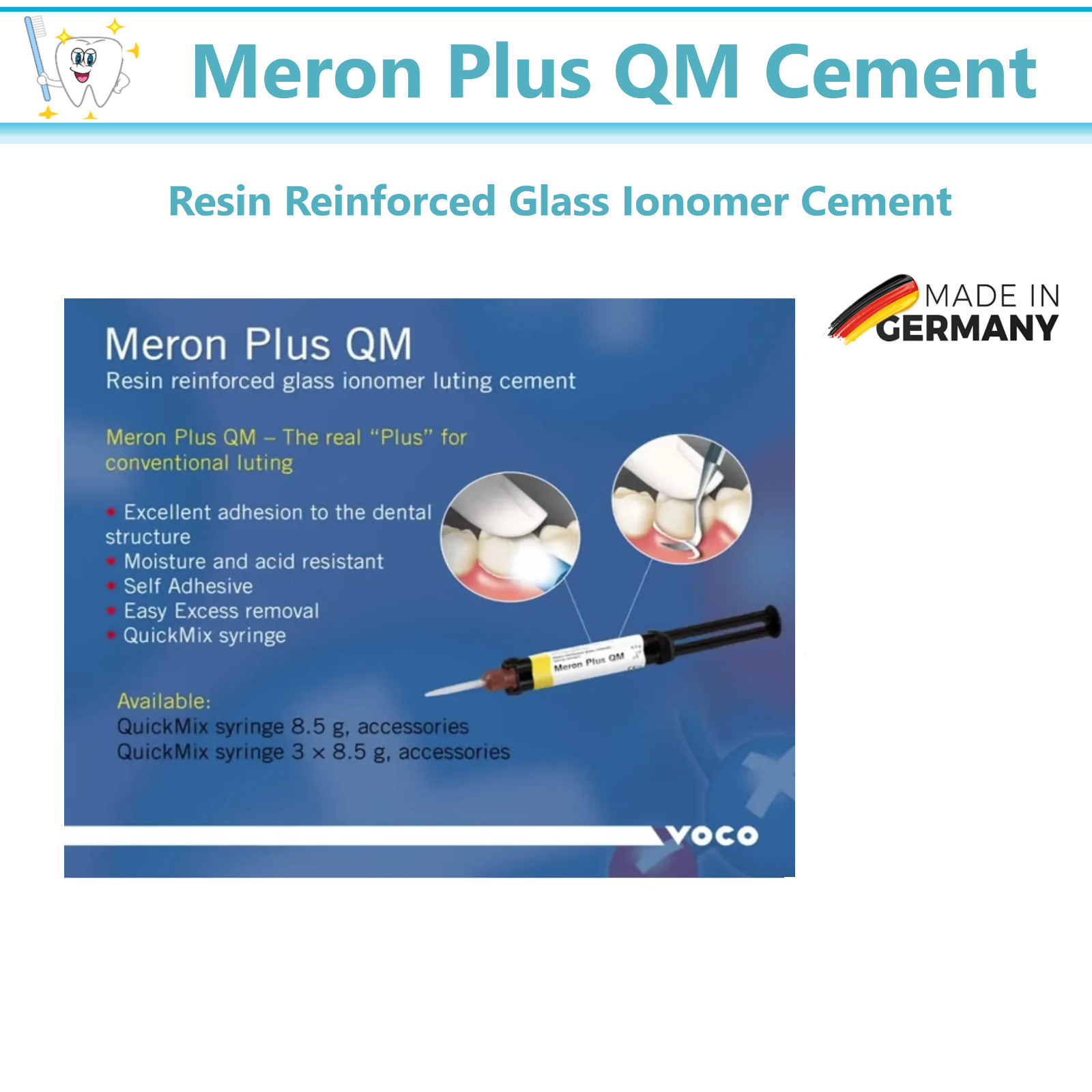 Meron Plus QM Resin Reinforced Glass Ionomer Cement 8.5gm Syringe 1/3Pk, Germany