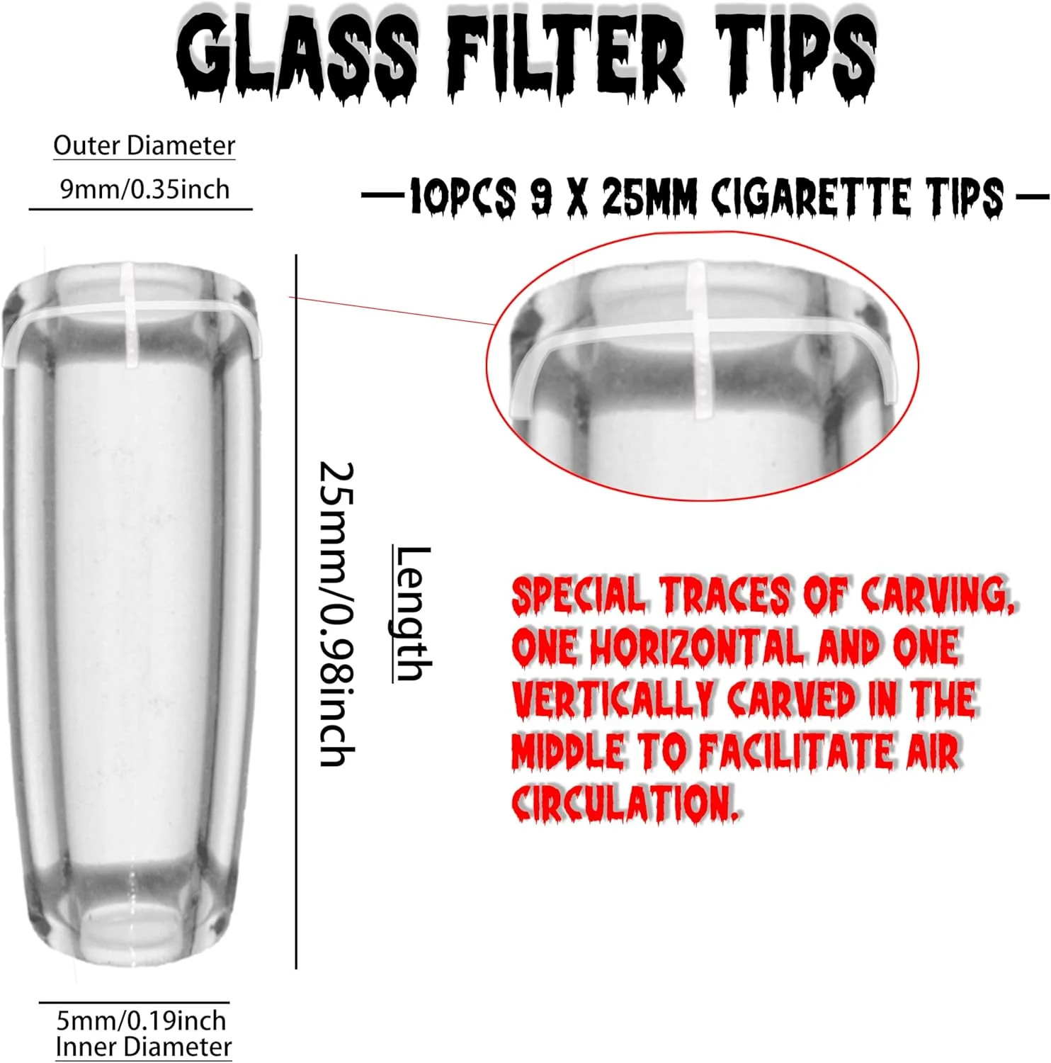 Reusable Glass Filter Tips Mouthpieces, Tip Ø9mm 9x25mm, Transparent