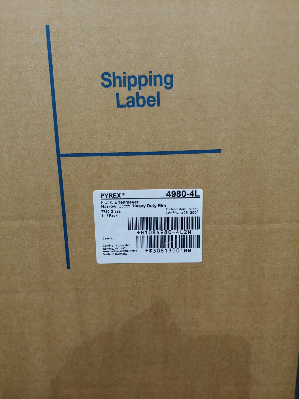 Corning Pyrex 4980-4L 4L Erlenmeyer Flask Narrow Mouth Heavy Rim Graduated