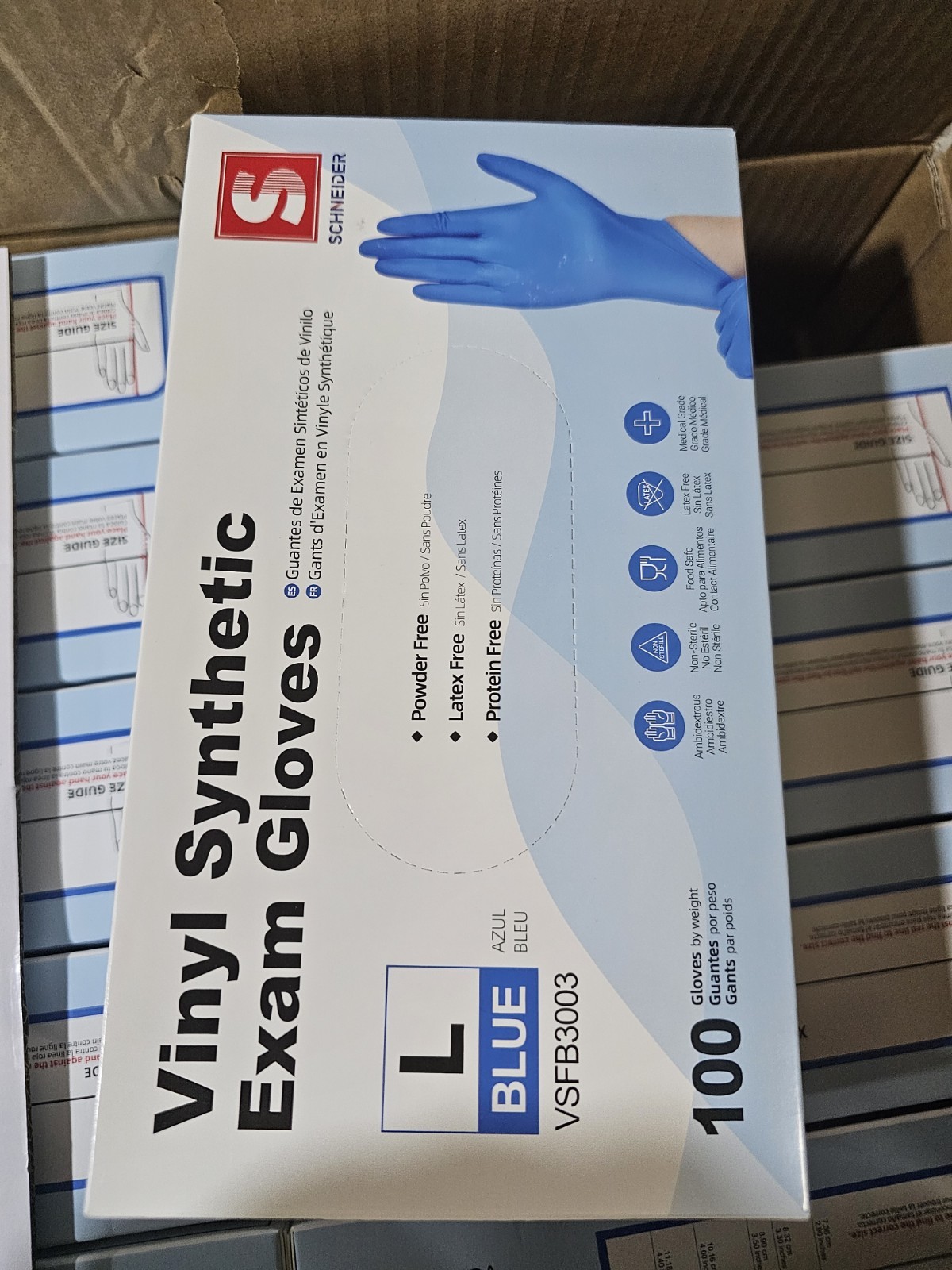 1000 Schneider Blue Vinyl Synthetic Exam Gloves Large VSFB3003 10 Boxes