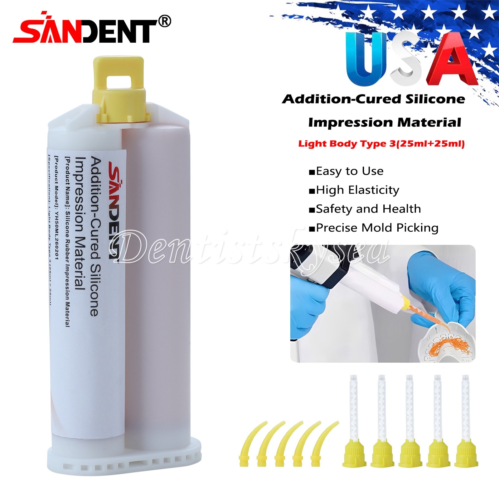 Dental Silicone Impression Material Fast 50ml Cartridge Light Body Mixers Tips