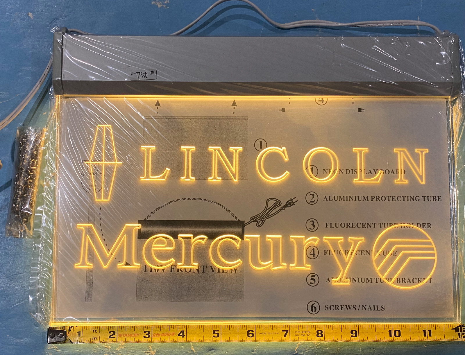 Lincoln Mercury Neon Fluorescent Hanging Display Board Sign – 12″ X 8.5″ 110v