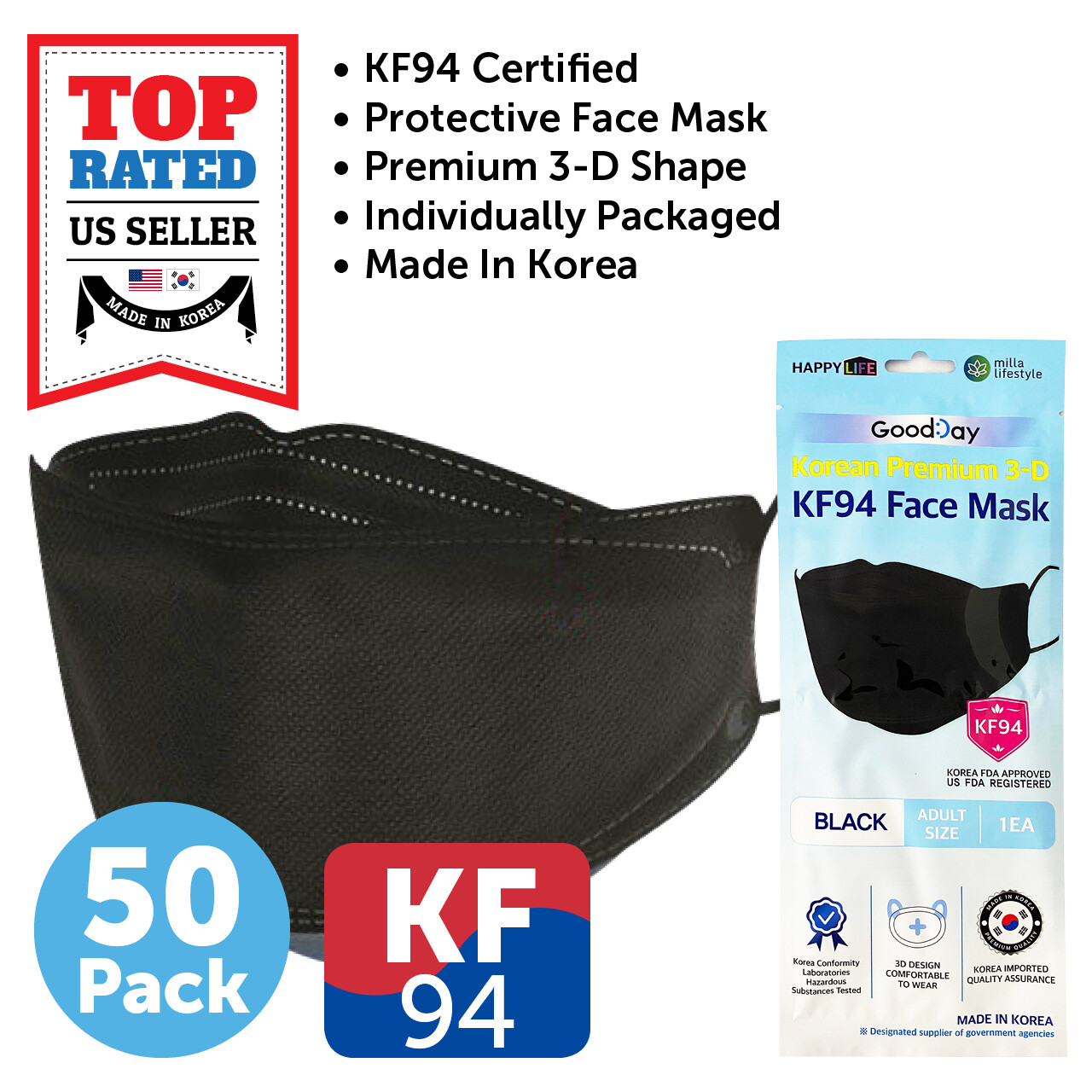 50 PCS KF94 BLACK Protective Face Mask Adult Made in Korea KFDA Approved