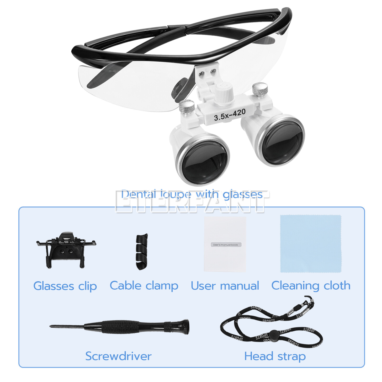 ETERFANT Dental 3.5x Magnifier Medical Binocular Loupes+3W LED Head Light Lamp