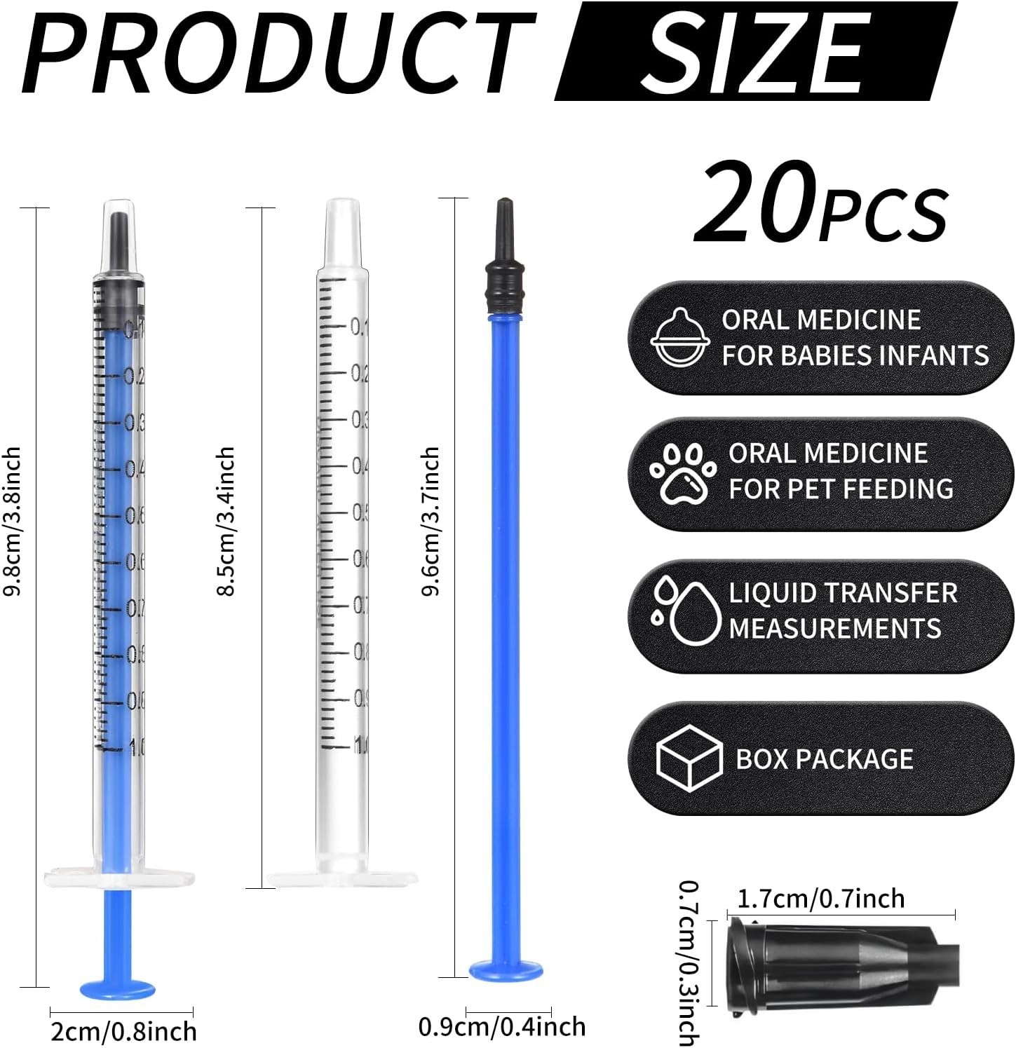 20 Pack 1ml Syringe with Cap for Liquid, 1cc Plastic Small Syringes with Cover