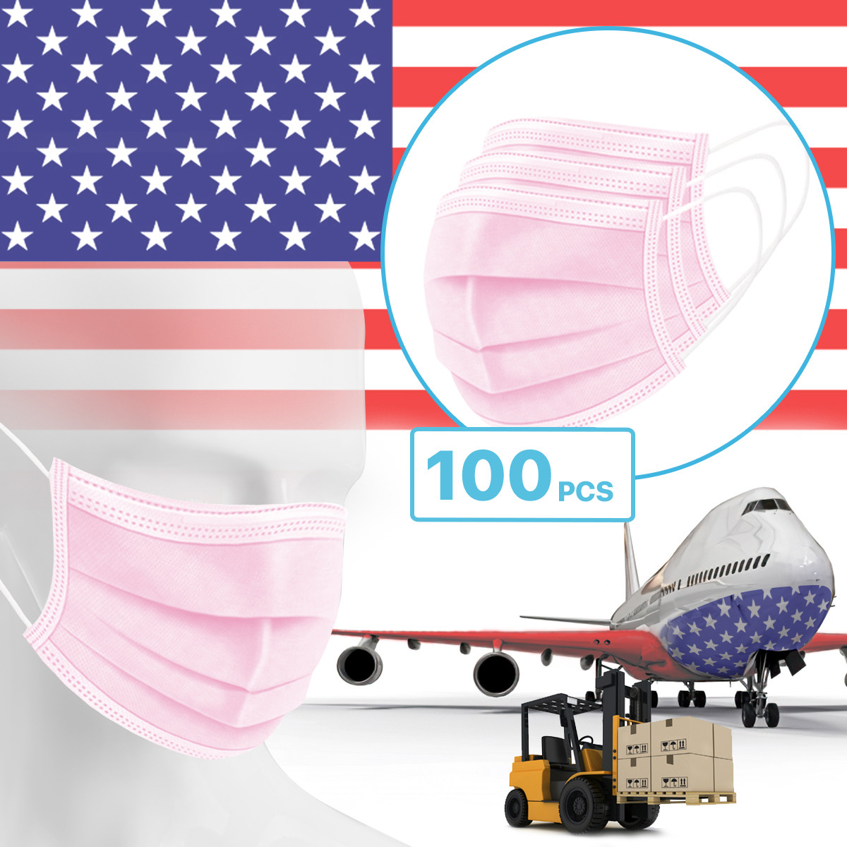 100 Packs – 3-Ply Disposable Procedural Face Mask Protective Mouth Cover Pink