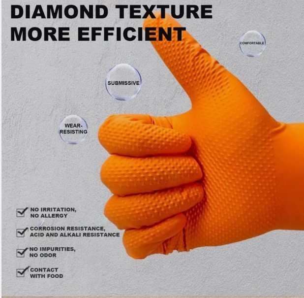 Lavex Pro Orange Heavy-Duty Nitrile Gloves — 8 Mil, Powder-Free Diamond-Textured