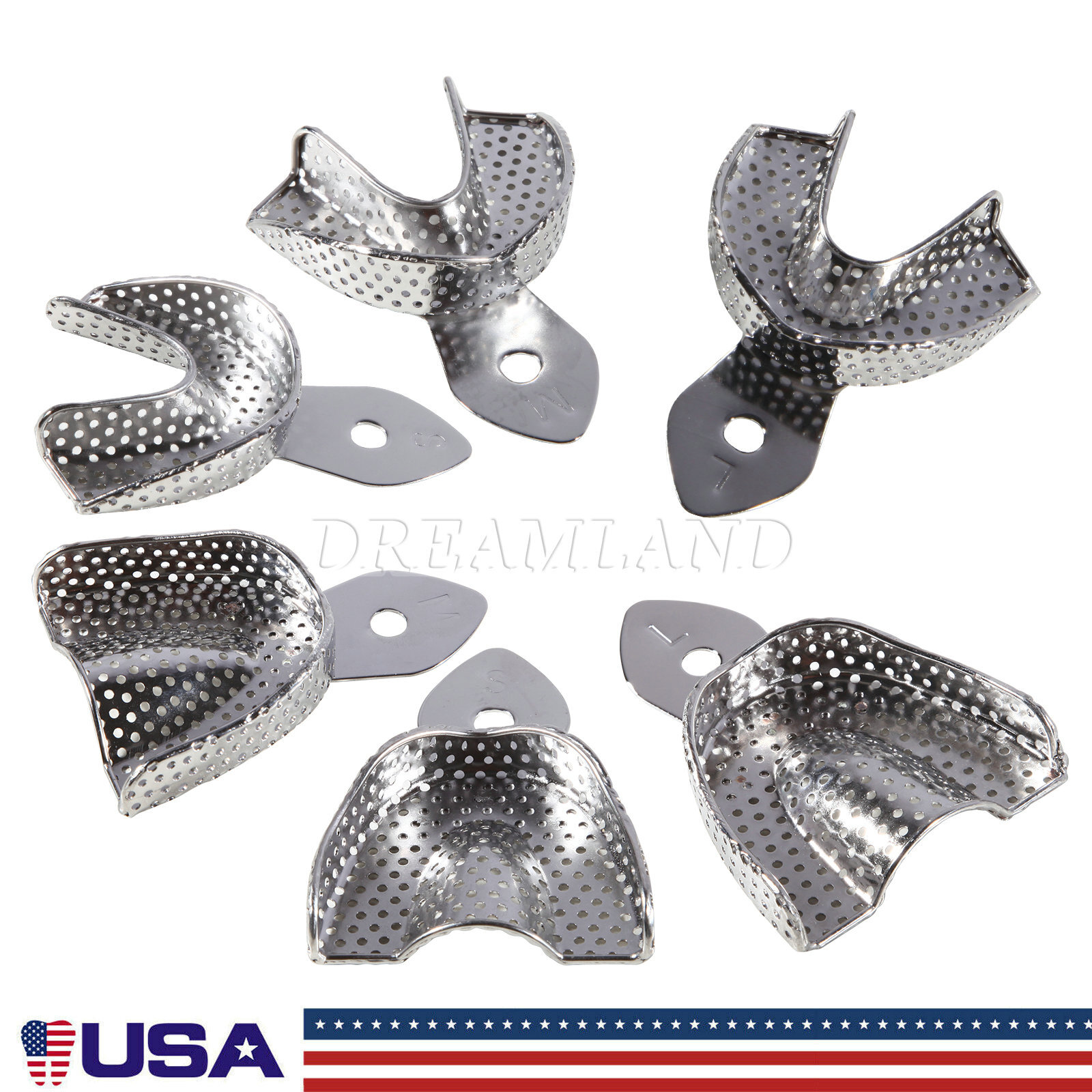 Dental Impression Trays Stainless Steel Perforated 6PC Upper+Lower S/M/L SKYSEA