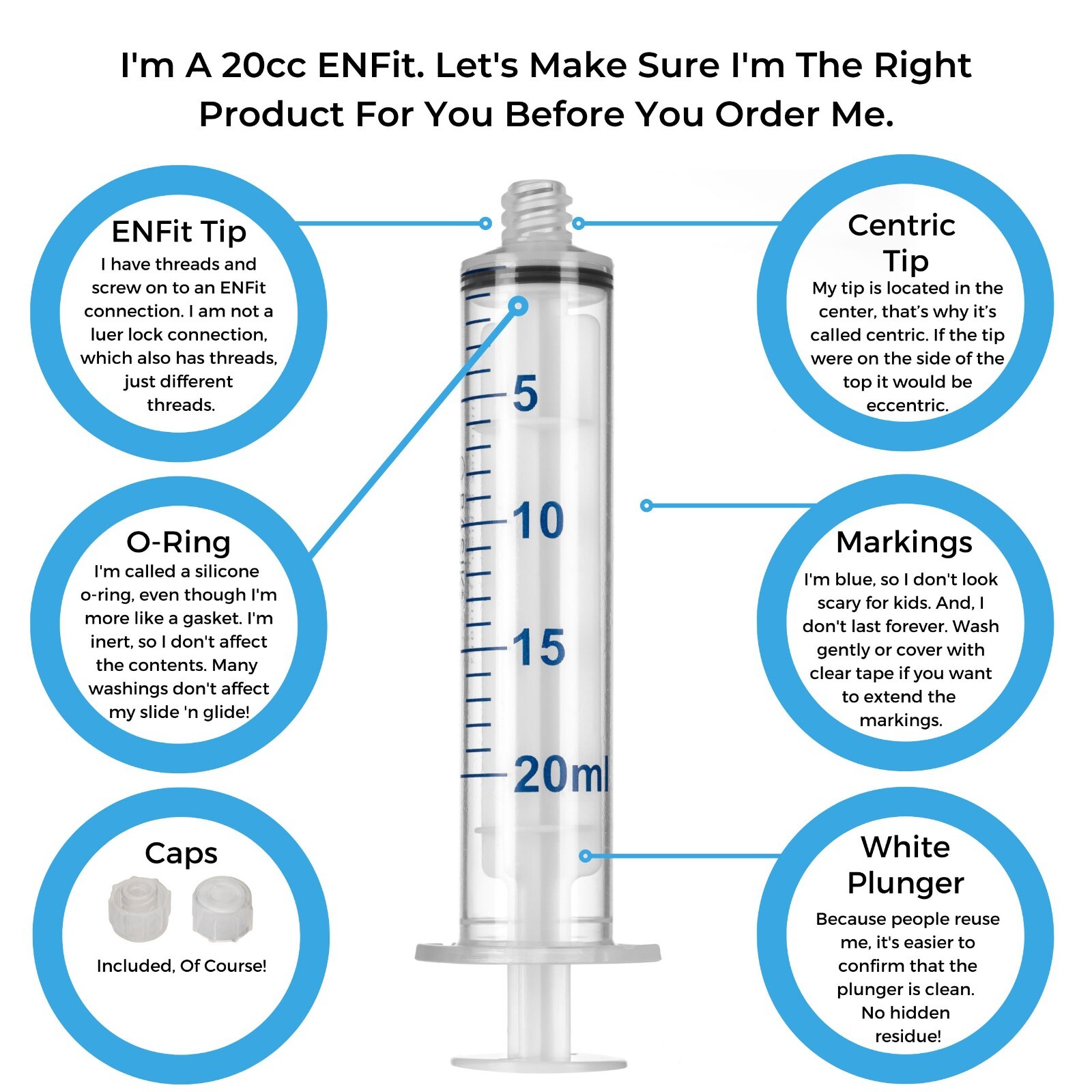 20cc Enfit Tip Syringes Silicone O Ring Reusable 8 Pack
