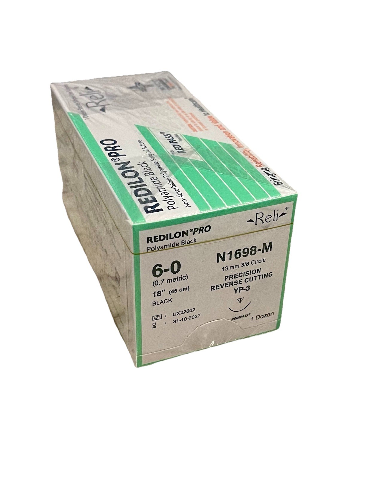 Reli Redilon Pro 6-0 Nylon Suture N1698-M 13mm 3/8 RC YP-3 Exp 2027 12ct