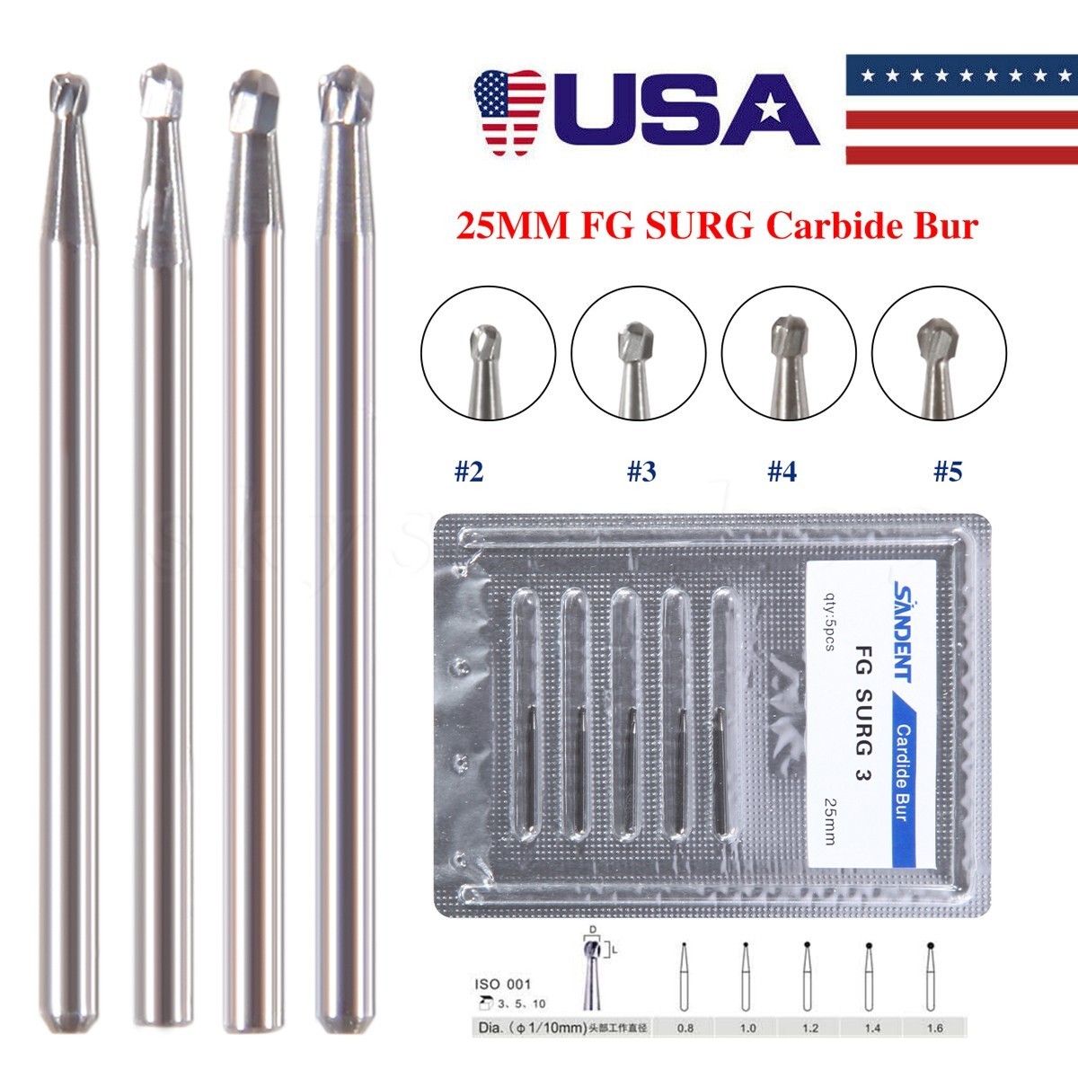 5pcs/box Dental FG Carbide Burs Surgical Drills for High Speed Handpiece