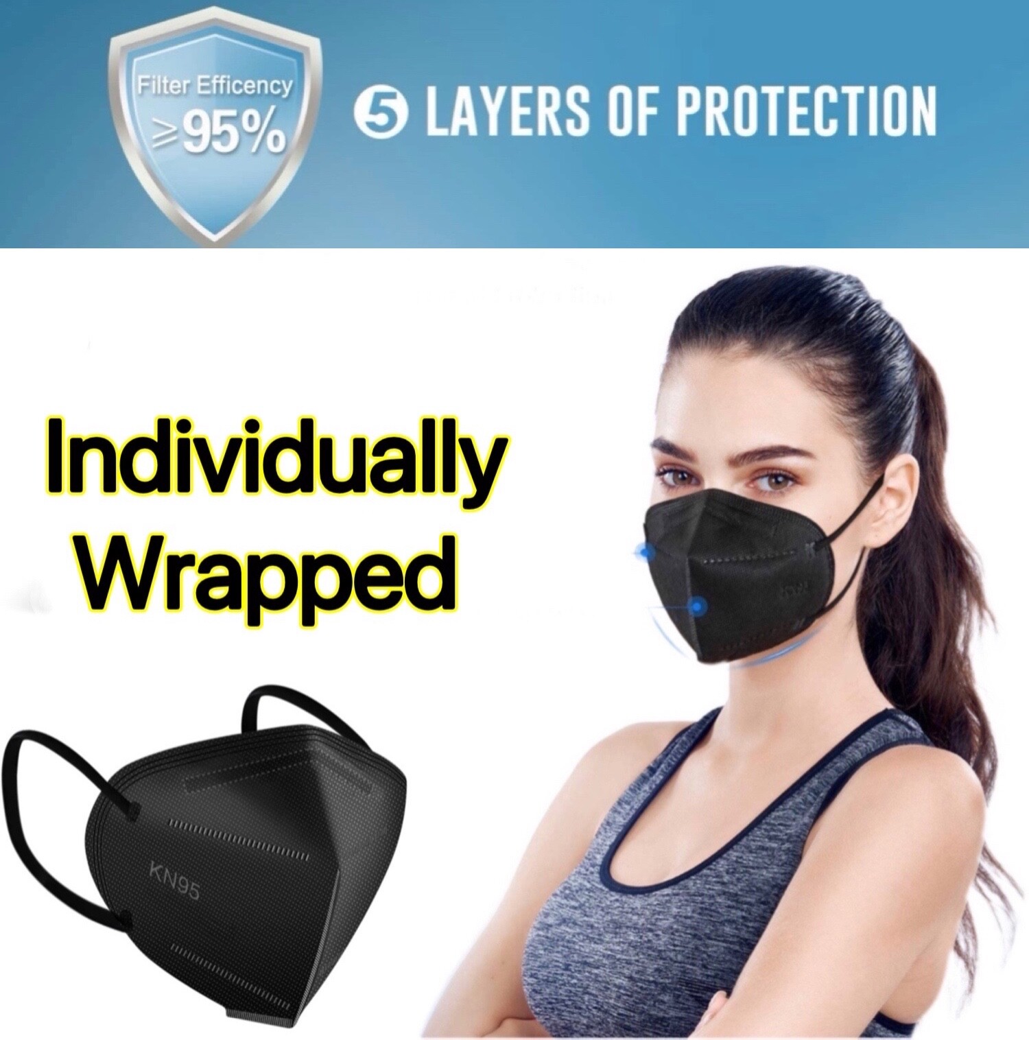 10Pcs Black KN95 Protective 5 Layer Face Mask BFE 95% Disposable Adult/Kid Masks