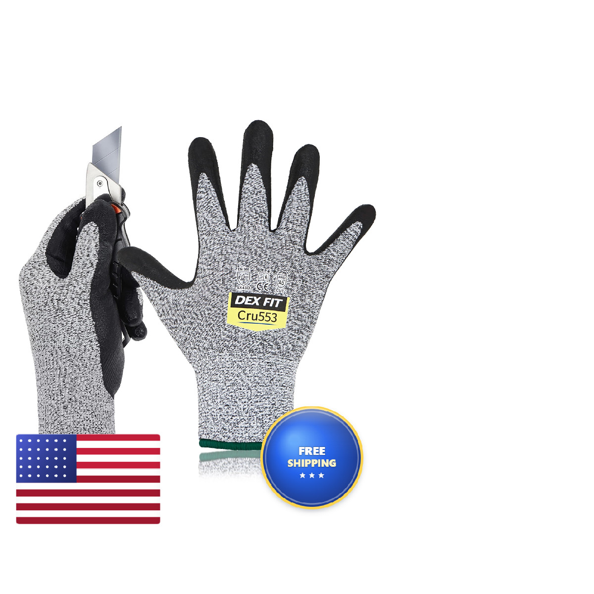 Dex Fit Level 5 Cut Resistant Gloves Cru553 3D-Comfort Fit Firm Grip