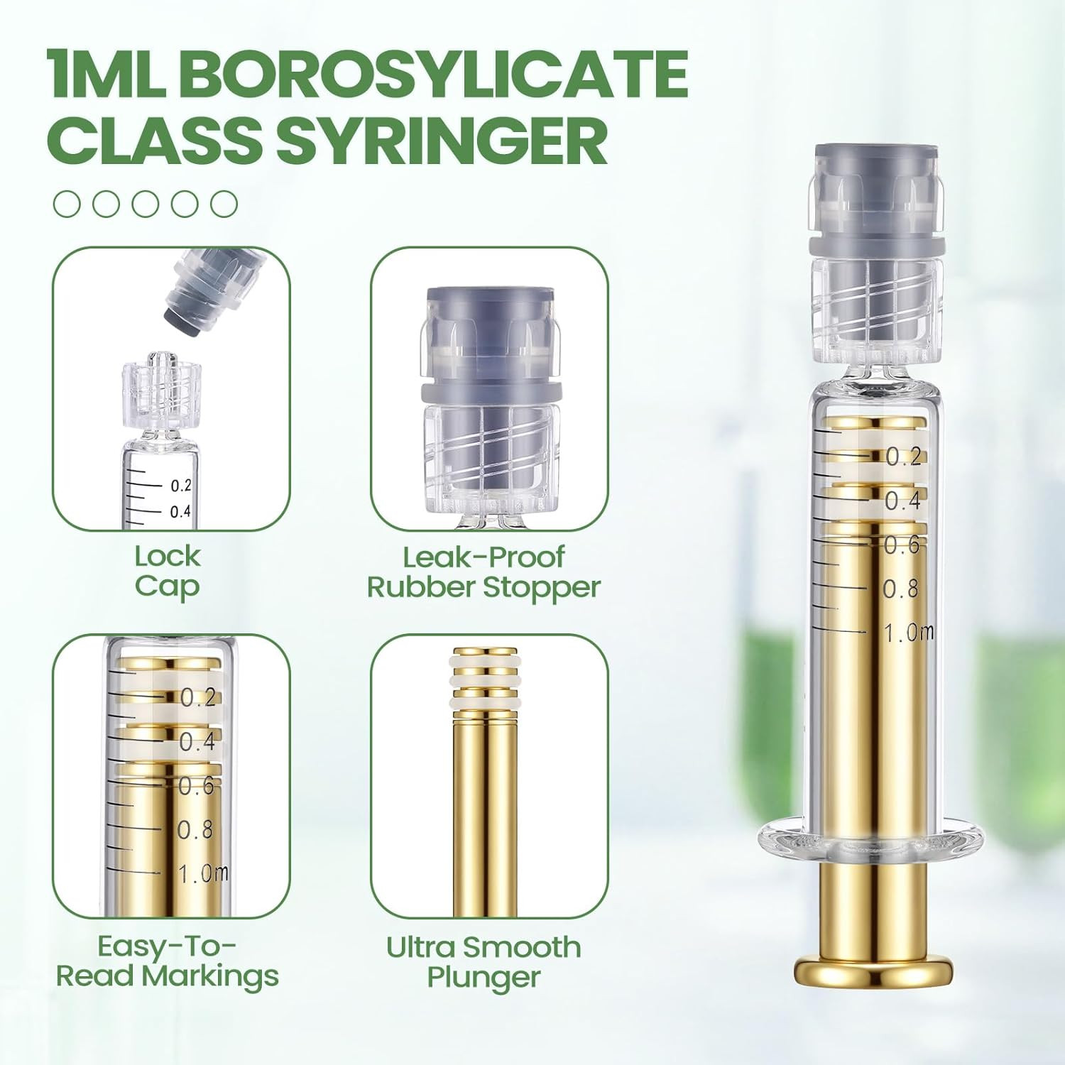 20 Pcs 1Ml Borosilicate Glass Syringes with Gold Metal Plunger, Leakproof Luer C
