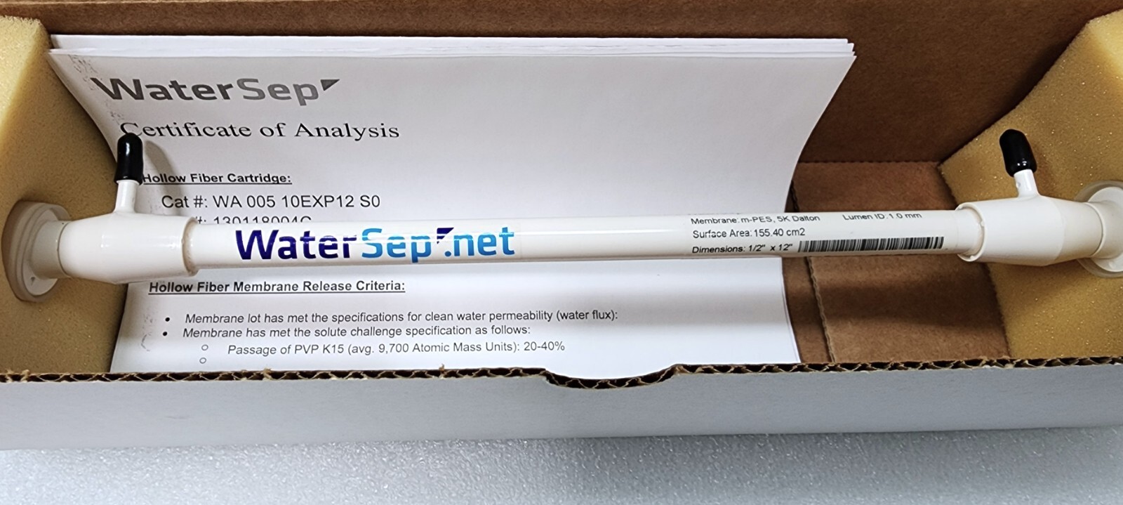 WaterSep WA 005 10EXP12 S0 Explorer12 Reuse Hollow Fiber Cartridge, 5k Membrane