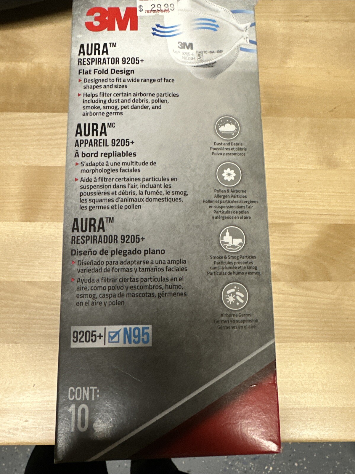 3M Aura 9205+N95 NIOSH Approved Particulate Respirator Disposable Pack of 9