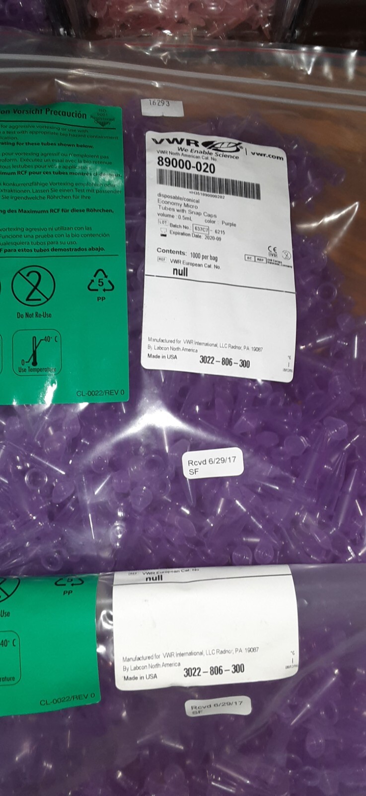 VWR lot of (4000++++++) 0.5ml multi color tubes w/Snap Caps and a 5 bay Tilt BiN