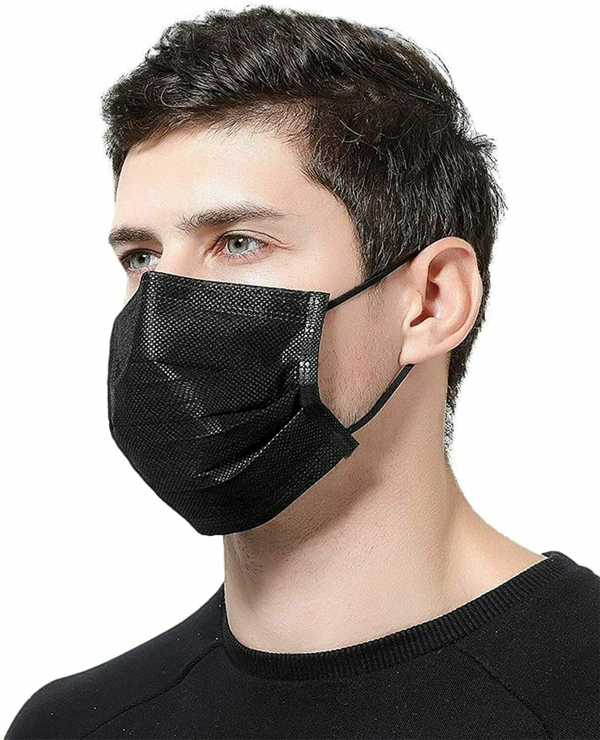 100PCS Black 3-Ply Disposable Face Mask Non Medical Surgical Earloop Mouth Cover
