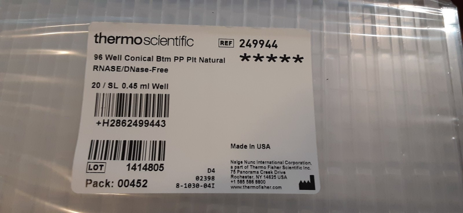 THERMO SCIENTIFIC 96/well/ 0.45mL Nunc Storage Microplates (20/sleeve) 249944