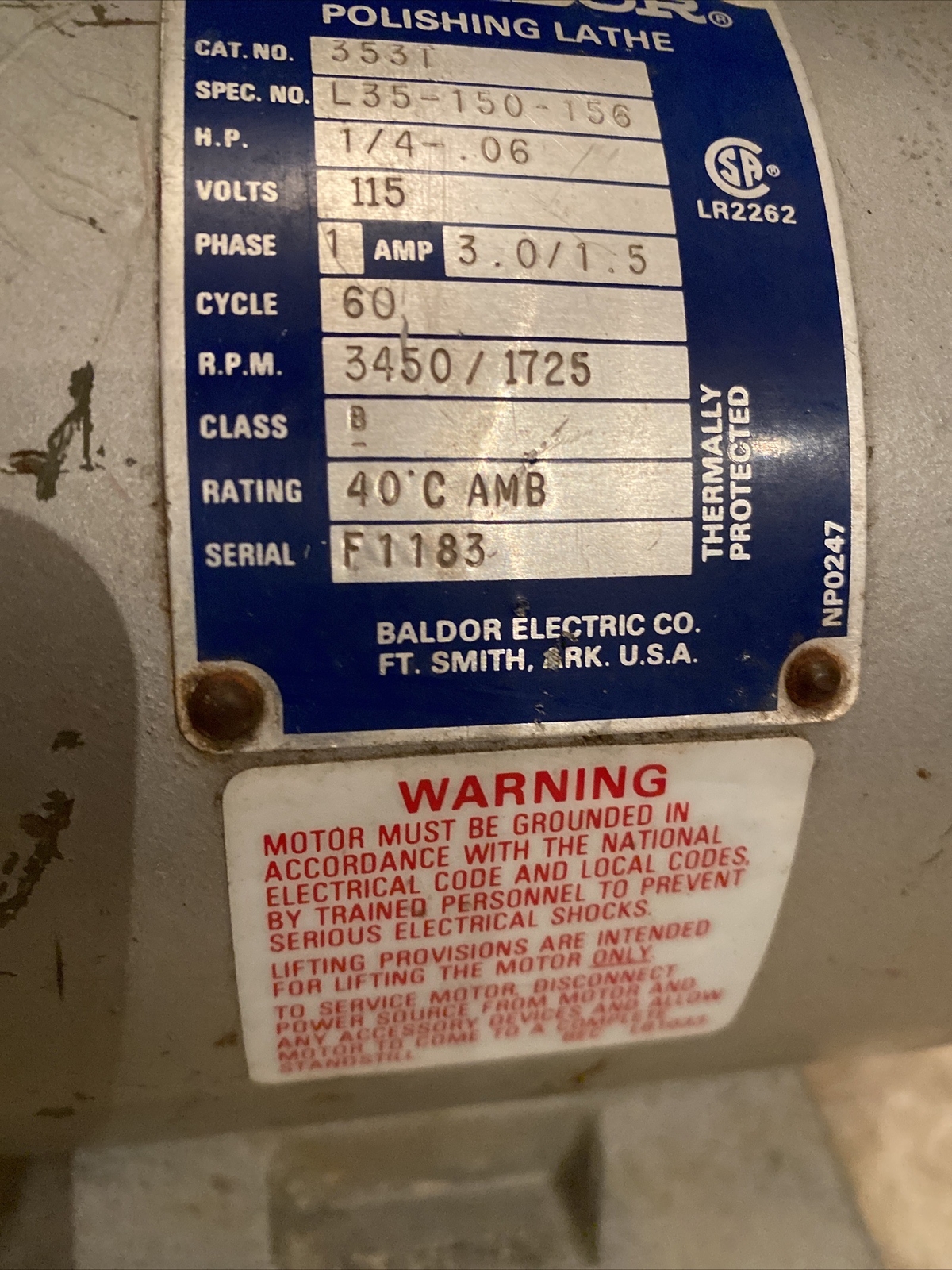 Baldor 437B Dental Polishing Lathe Two Speed 1/4 HP Cat. No. 353T 1725/3450 RPM
