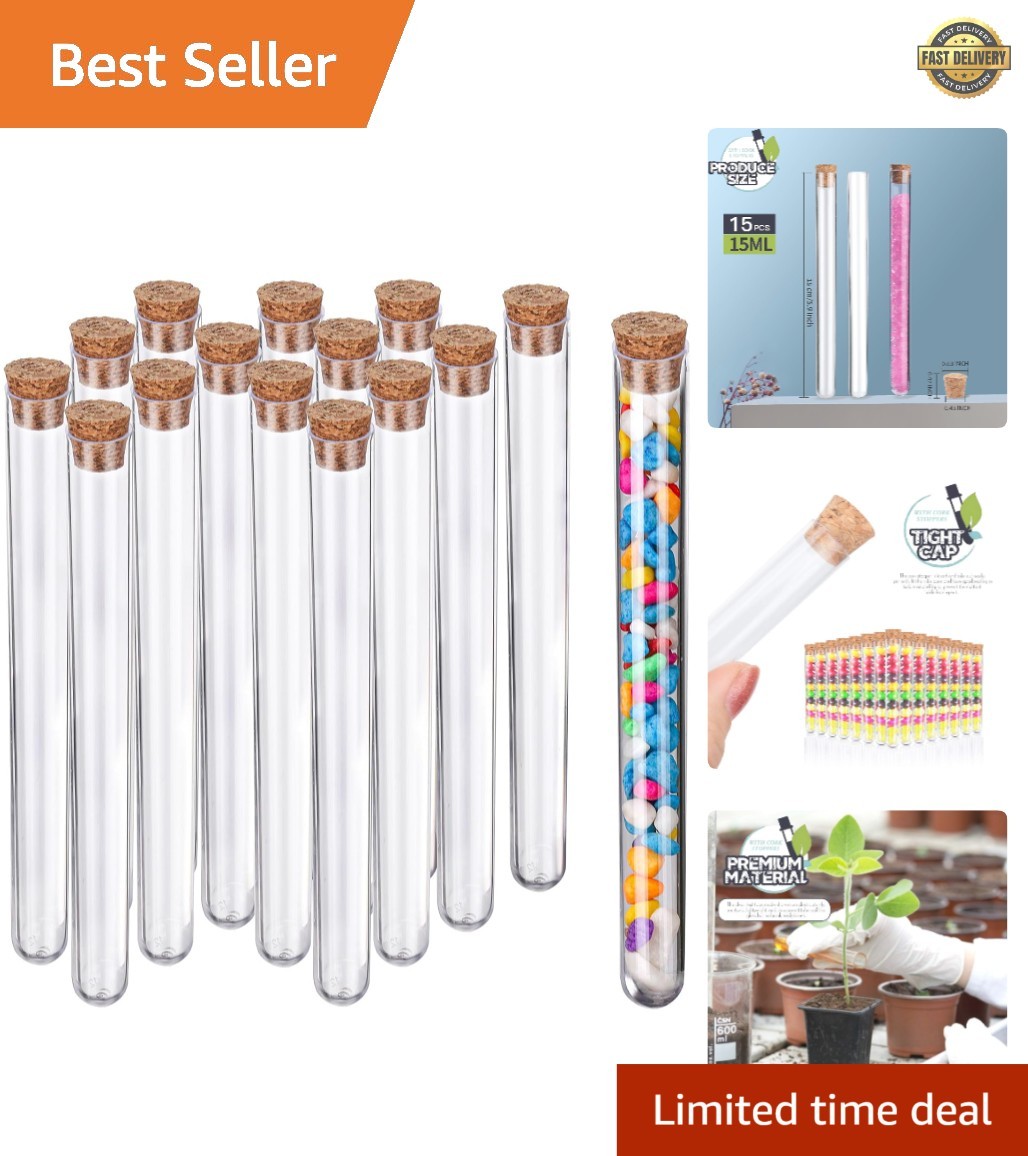 15pcs Clear Plastic Tubes with Cork 15ml – Perfect for Science & Crafts