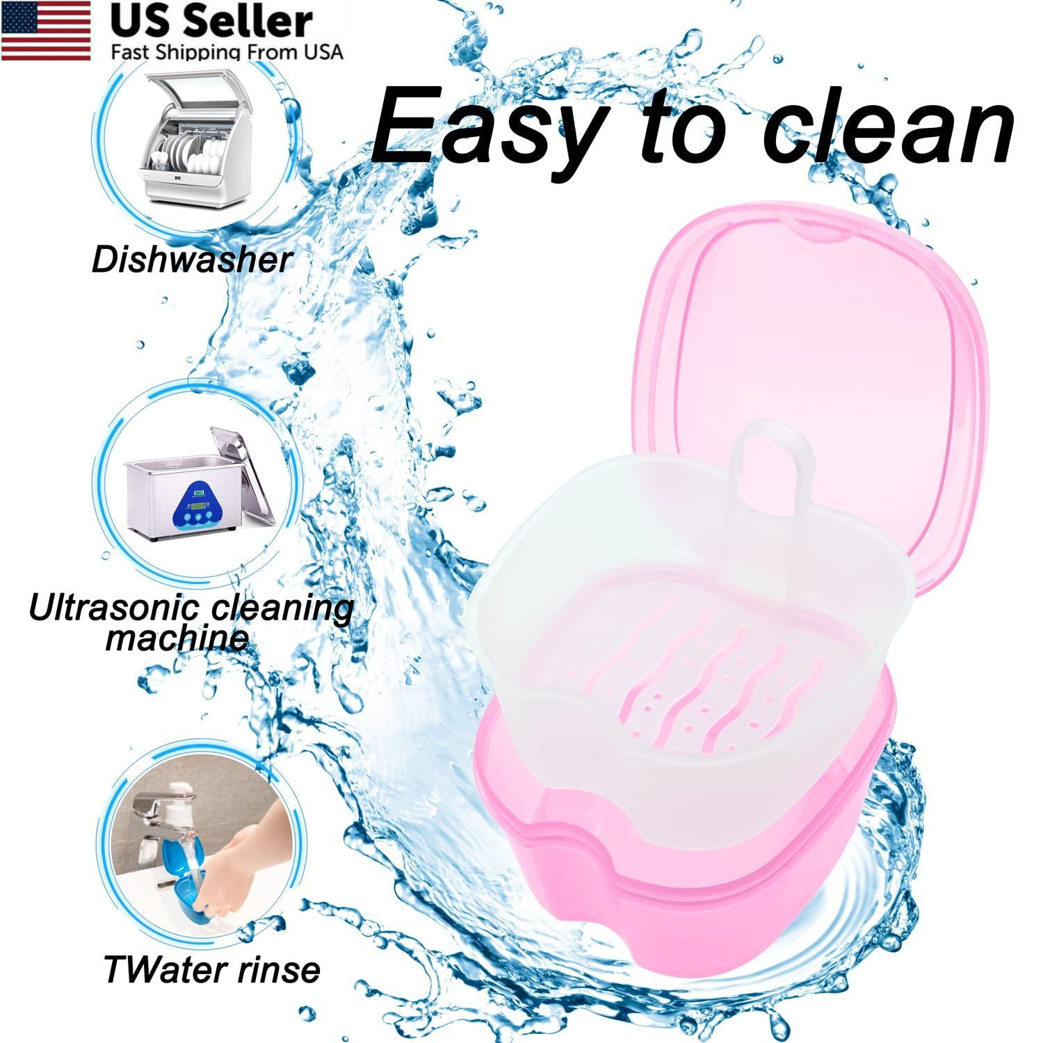 Denture Bath Case Soaking Cup with Brush, Holder Light Pink
