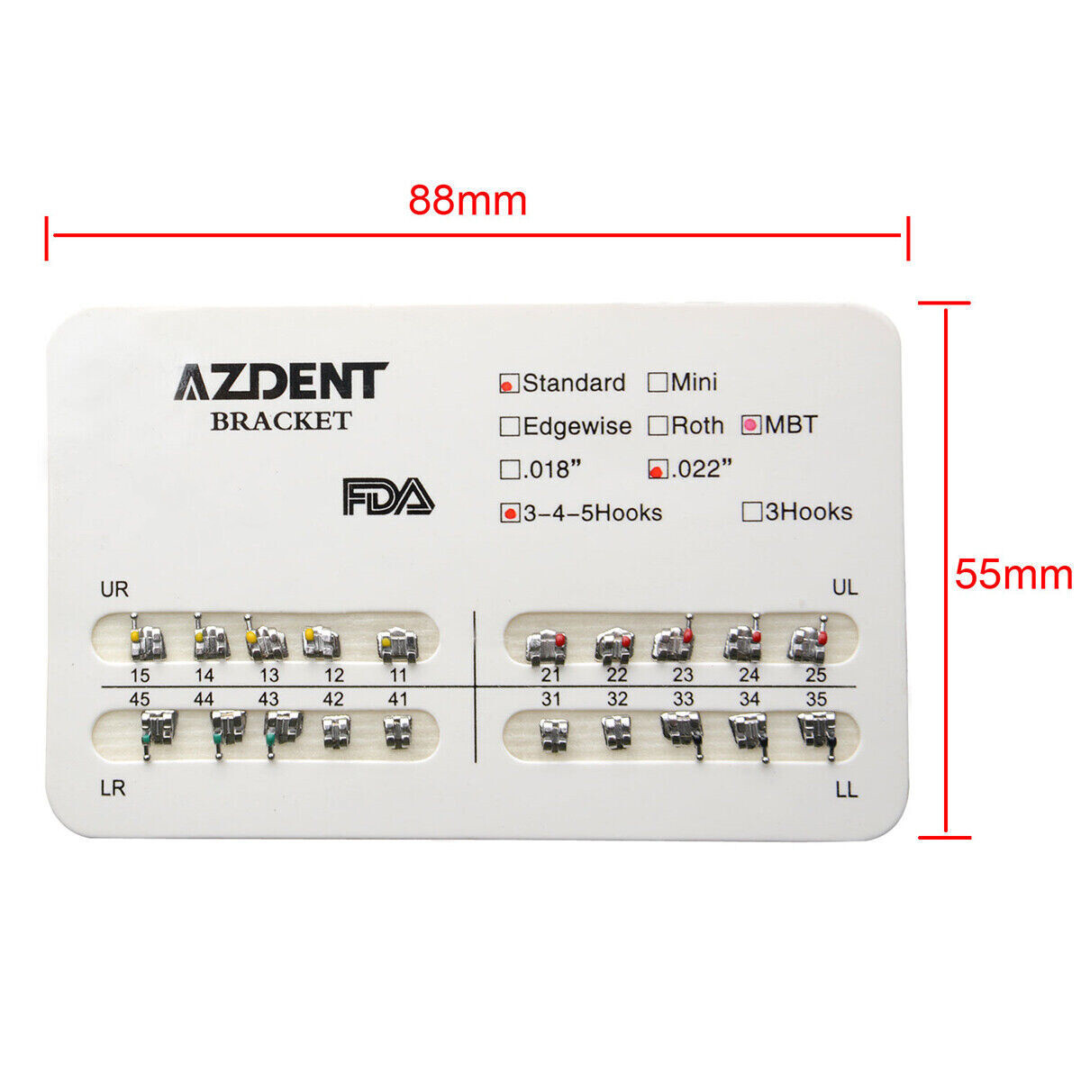 AZDENT Brackets de Ortodoncia Dental Estándar Roth MBT.022/018 con Ganchos 3/345