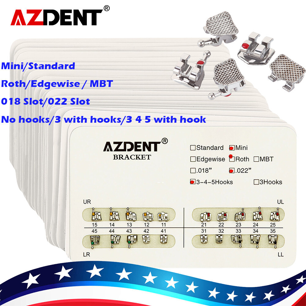 AZDENT 10X Dental Ortho Brackets Mini/Standard MBT/Roth Hooks 3 4 5/Bonding kit