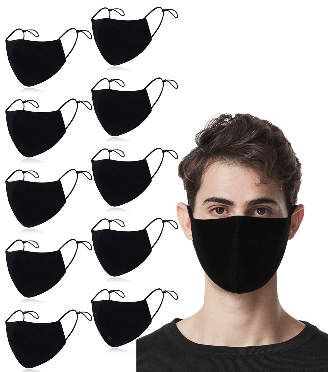 10 Pack Unisex Cotton Black 3 Layer Breathable Protection Reusable Stretchy C…