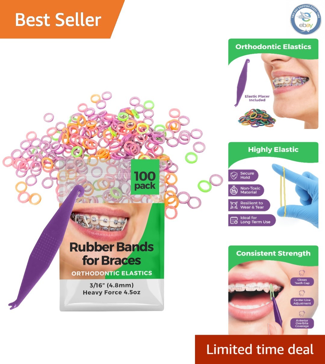Heavy Force 3/16 Inch Orthodontic Rubber Bands – 100 Pack with Placer Tool