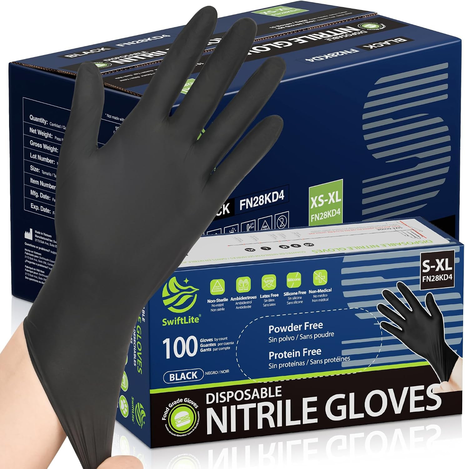 Black Nitrile Gloves, Food Safe Disposable Gloves Latex Free, Rubber Gloves Powd