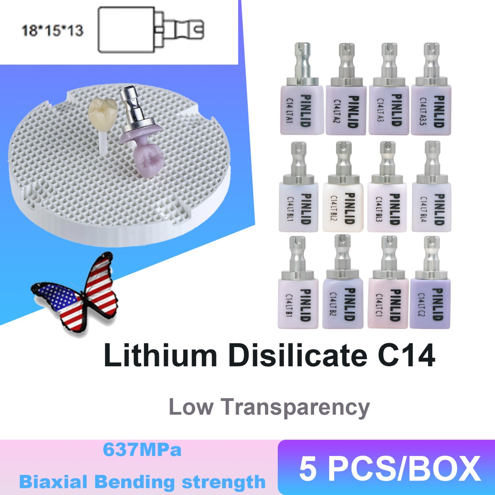 5Pcs/Box C14 LT Dental Block Lithium Disilicate CEREC Translucency Dentistry Lab