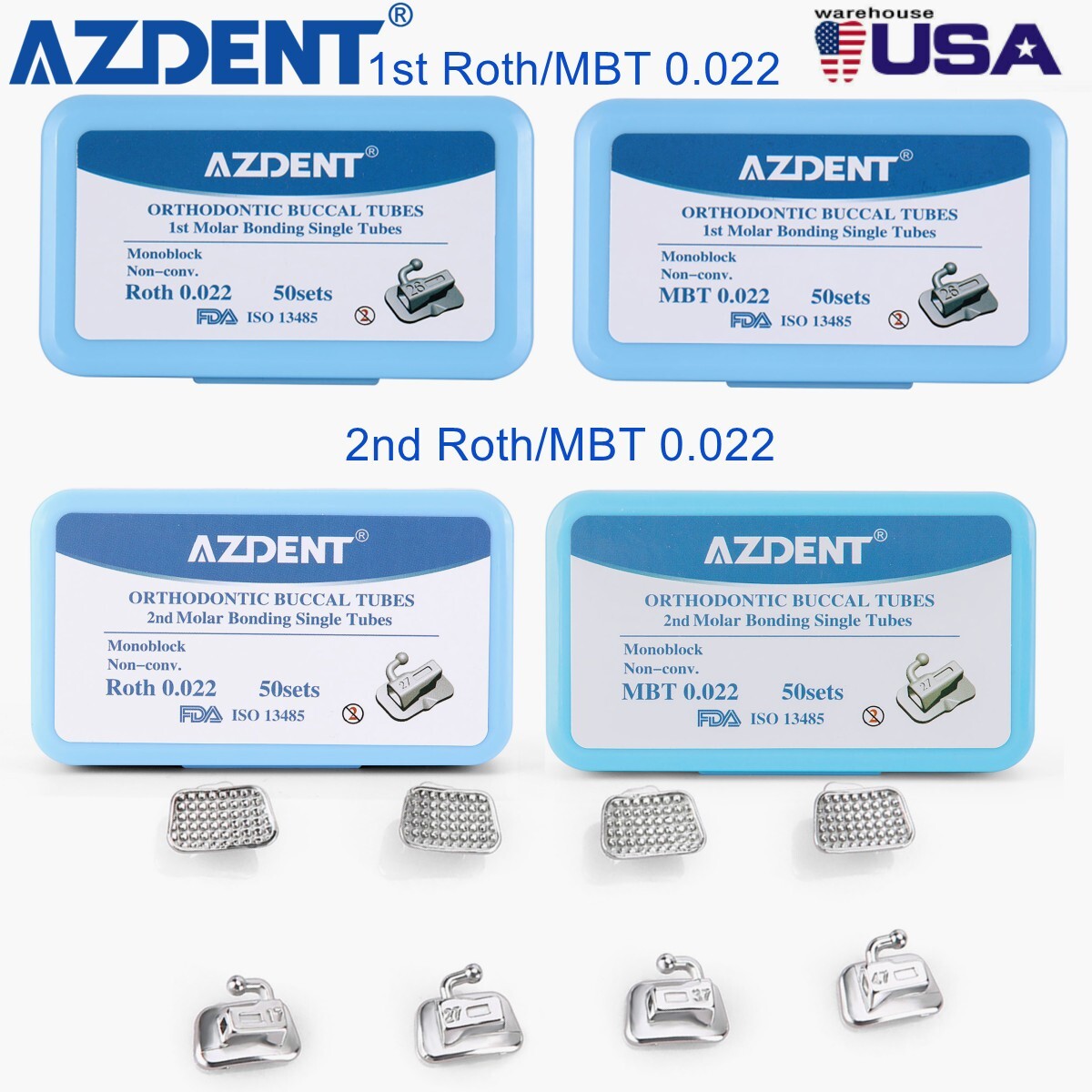 AZDENT 50set Dental Orthodontic Monoblock Buccal Tube MBT Roth 022 1st 2nd Molar