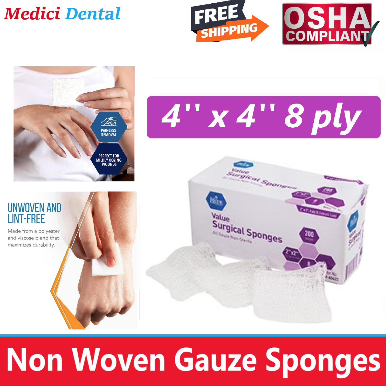 4×4 Non Woven Sponges 8-Ply, Non-Sterile Cotton Dental Surgical Gauze (200 Pack)