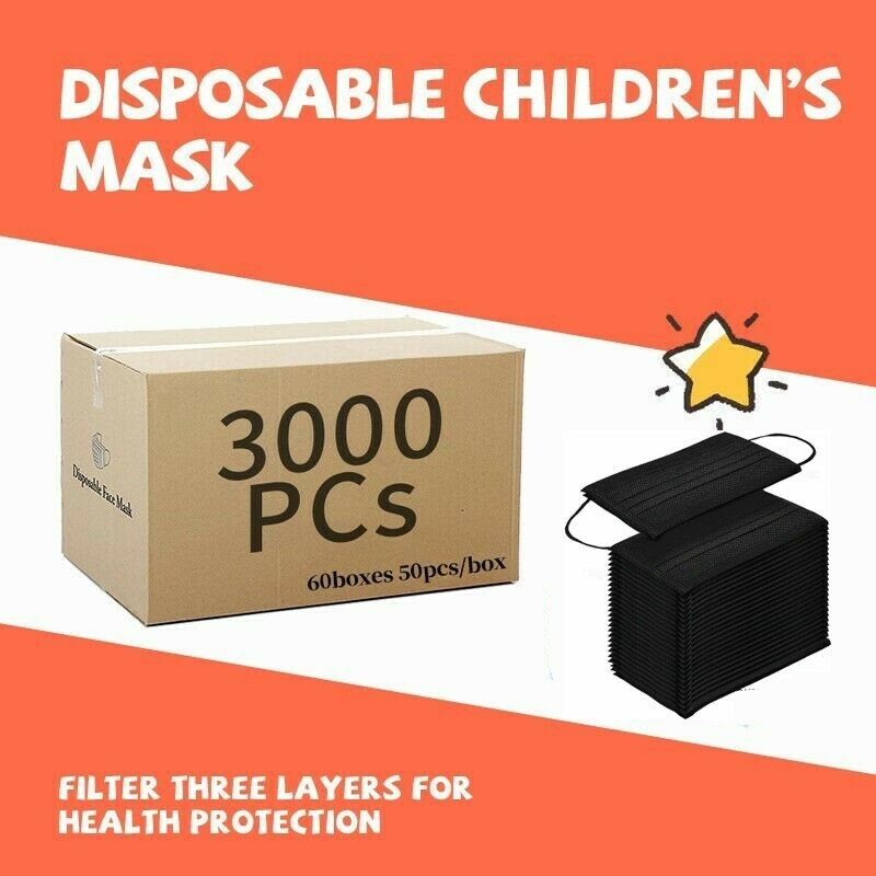 3000 Pcs(60box,50pcs/box) For Kids Children Black 3-Ply Disposable Face Mask