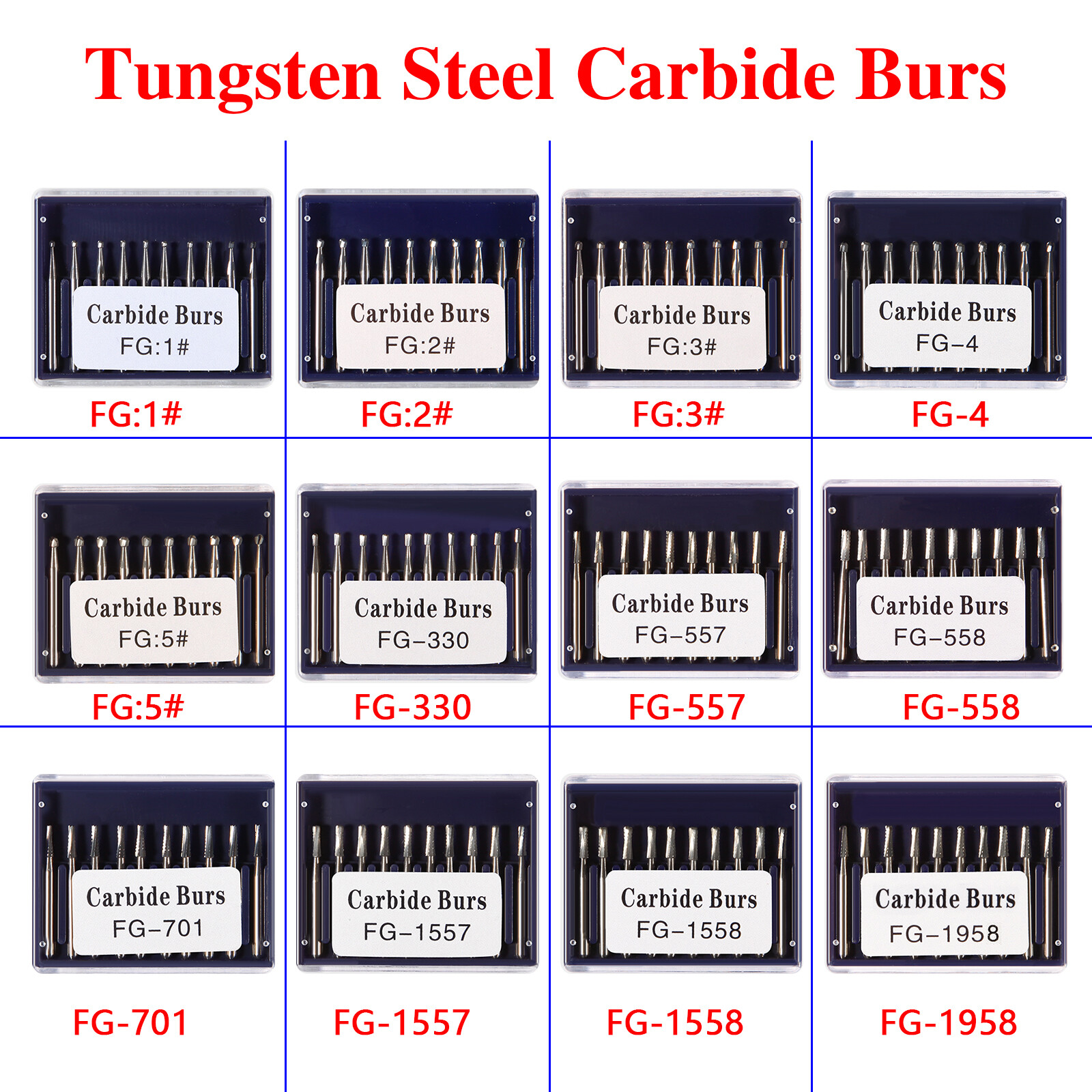 15 Types Dental Carbide Bur Drill FG Tungsten Round for High Speed Handpiece DN