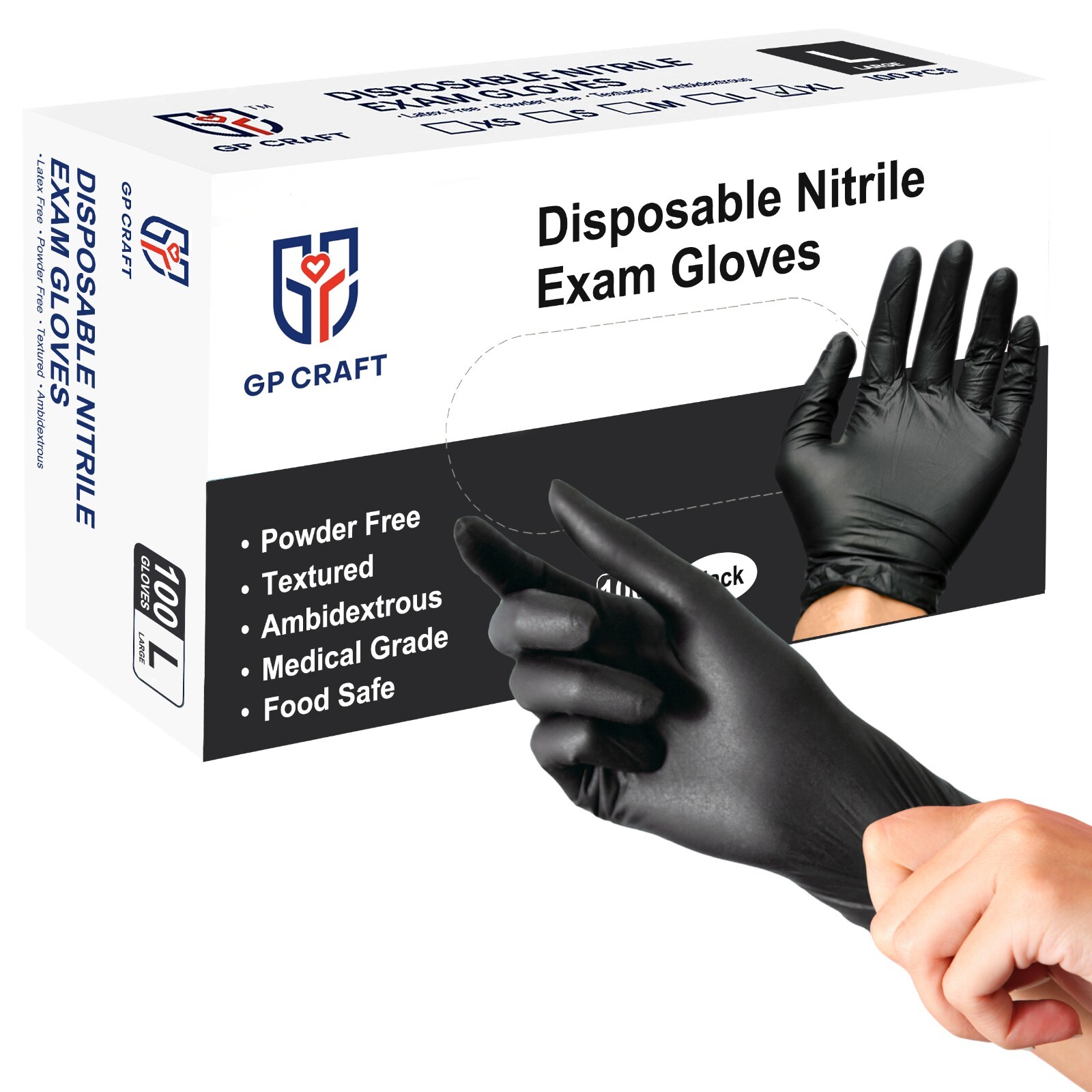 GP Craft Black Nitrile Gloves 5Mil Latex-Free Disposable Food Safe (1000, Case)
