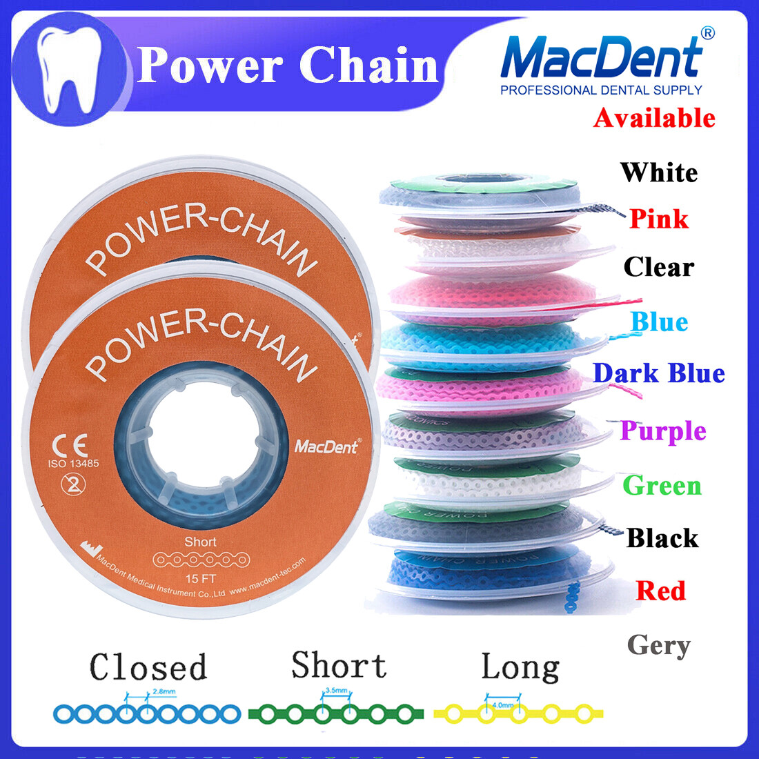 Dental Orthodontic Power Chains Braces Rubber Bands Elastic Short Long Closed A