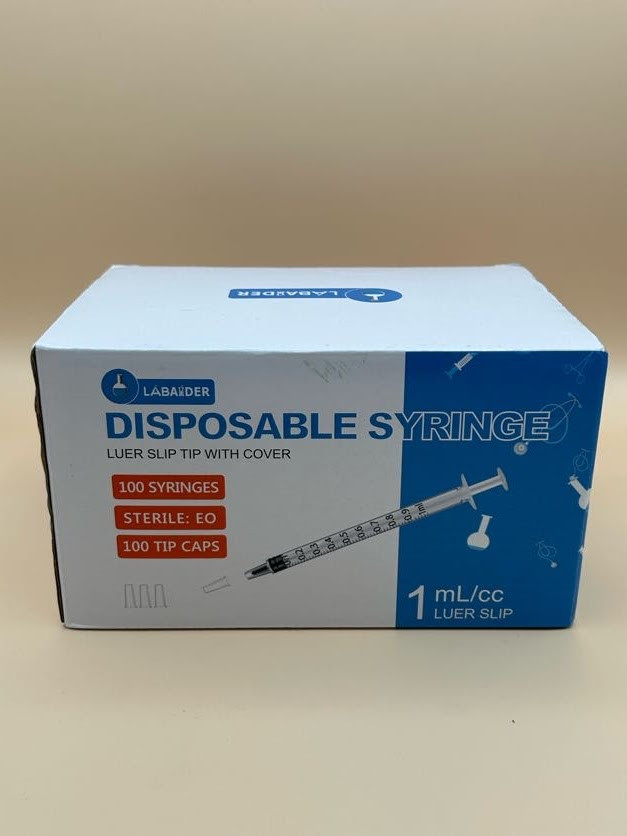 Labaider 100 Count Disposable Syringes 1mL Lure Slip tip With Cover Sterile: EO