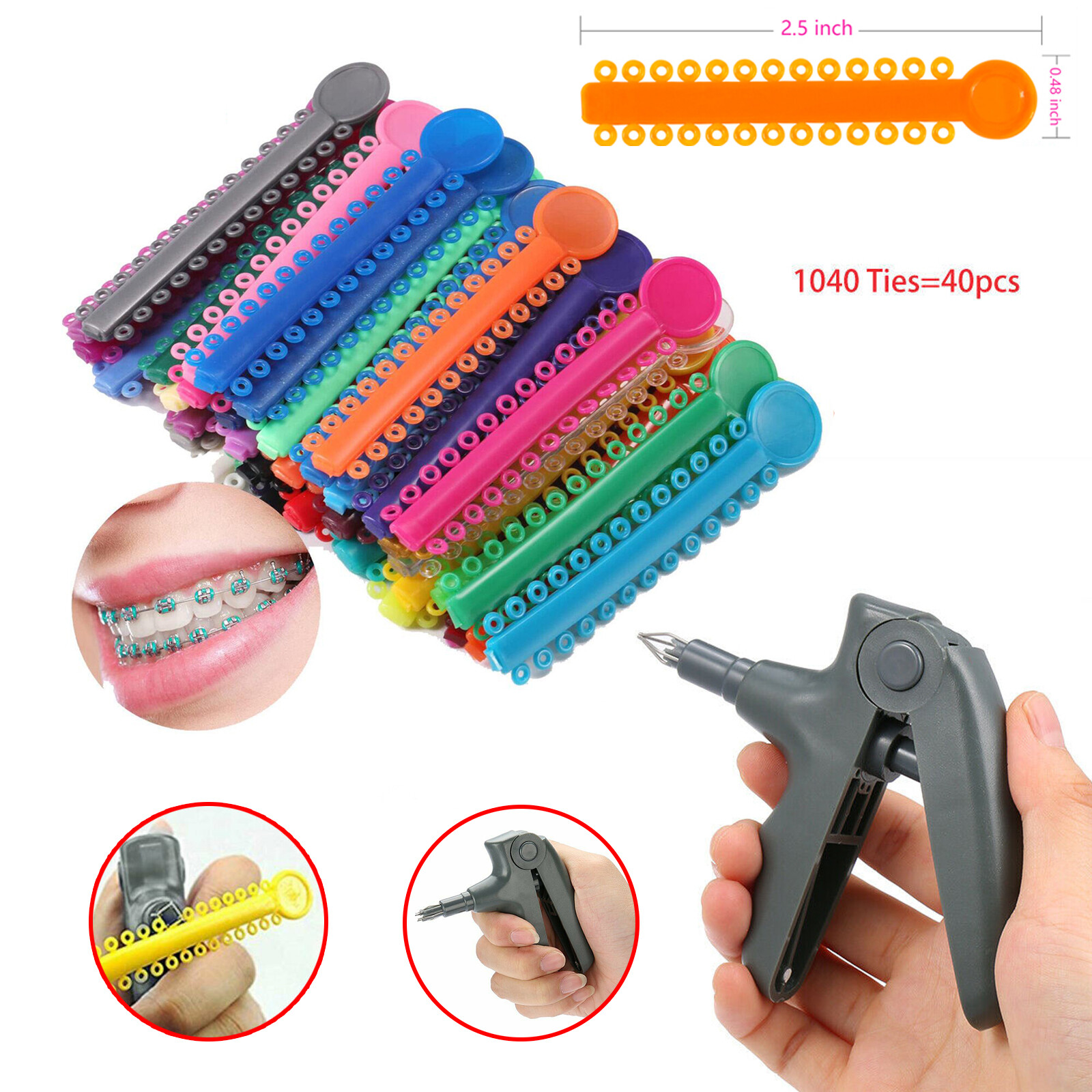 Ligature Gun / 1040 ties Rubber Bands for Orthodontic Dental Braces Brackets