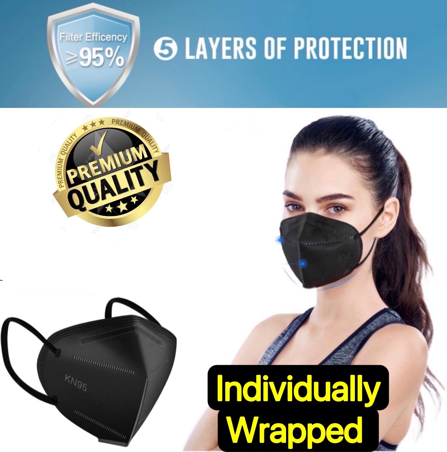 10-40Pcs Black KN95 Protective 5 Layer Face Mask BFE 95% Disposable Masks kids