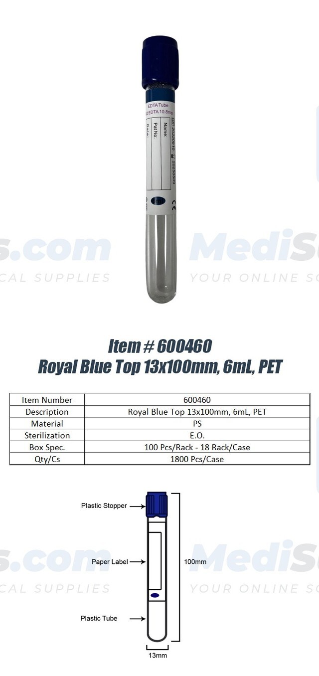 Vacuum Blood Collection Tube, 13 x 100mm, 6ml, Royal Blue Top, Exp 5/25