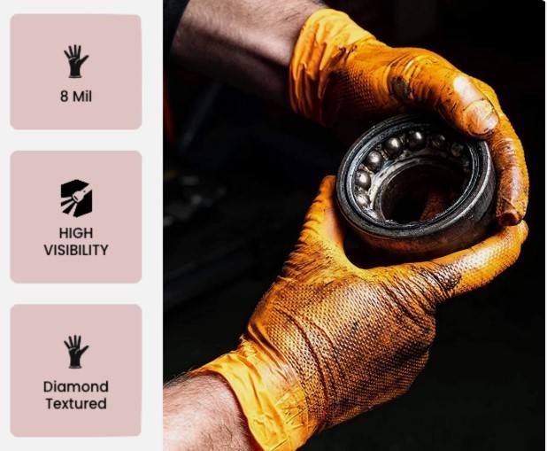 Lavex Pro Orange Heavy-Duty Nitrile Gloves — 8 Mil, Powder-Free Diamond-Textured