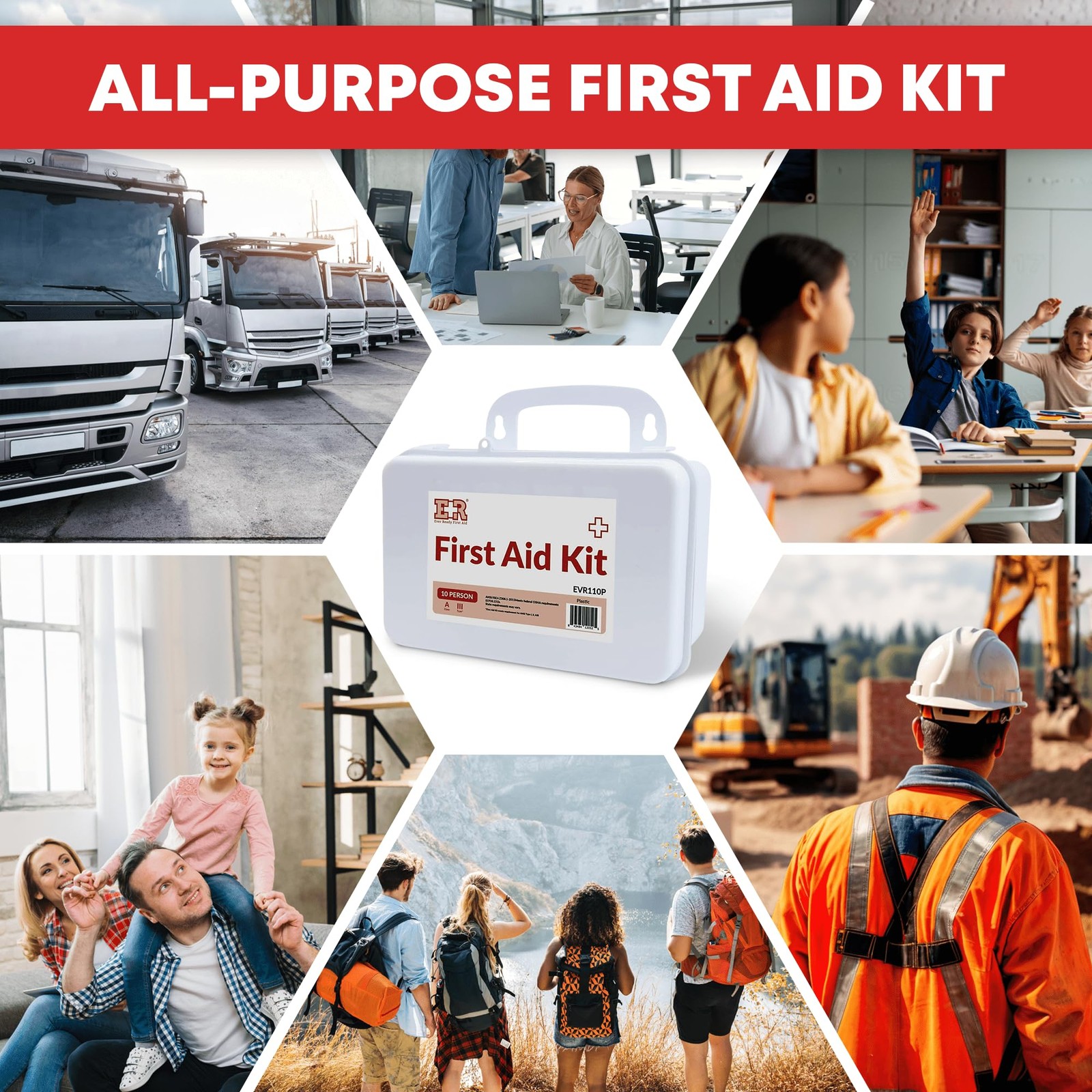 Ever Ready First Aid 10 Person Kit with Plastic Case, Type White